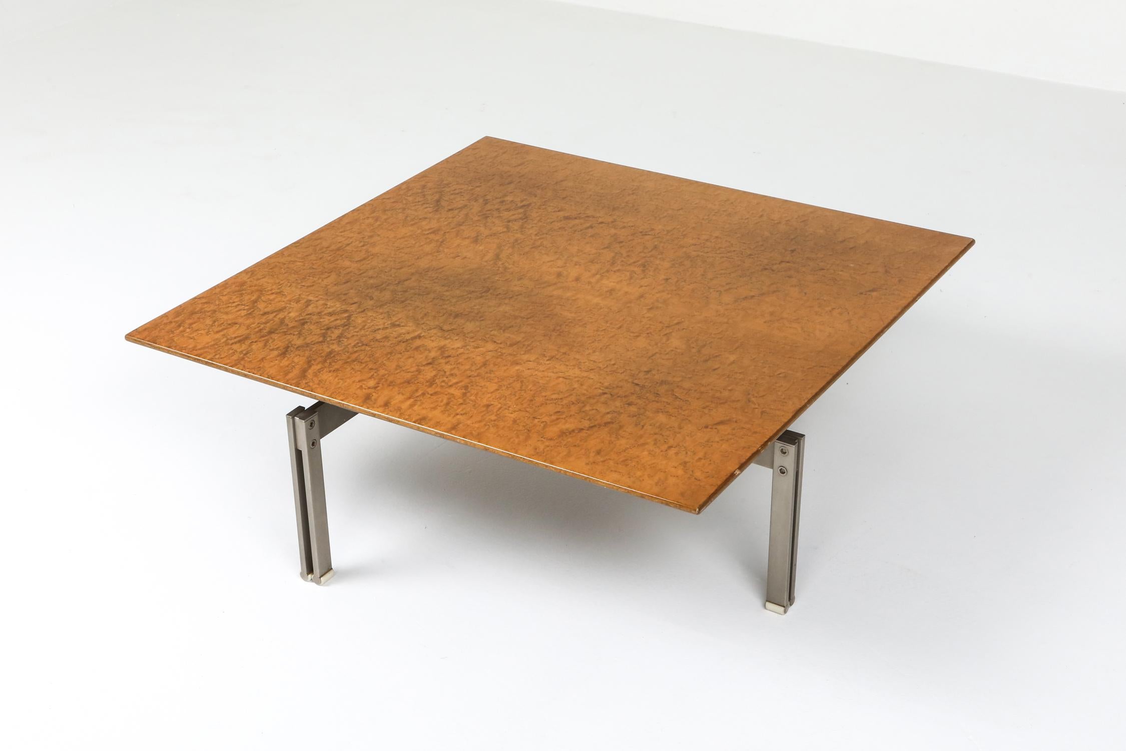 American Milo Baughman Style Burl Wood Coffee Table with Steel Base