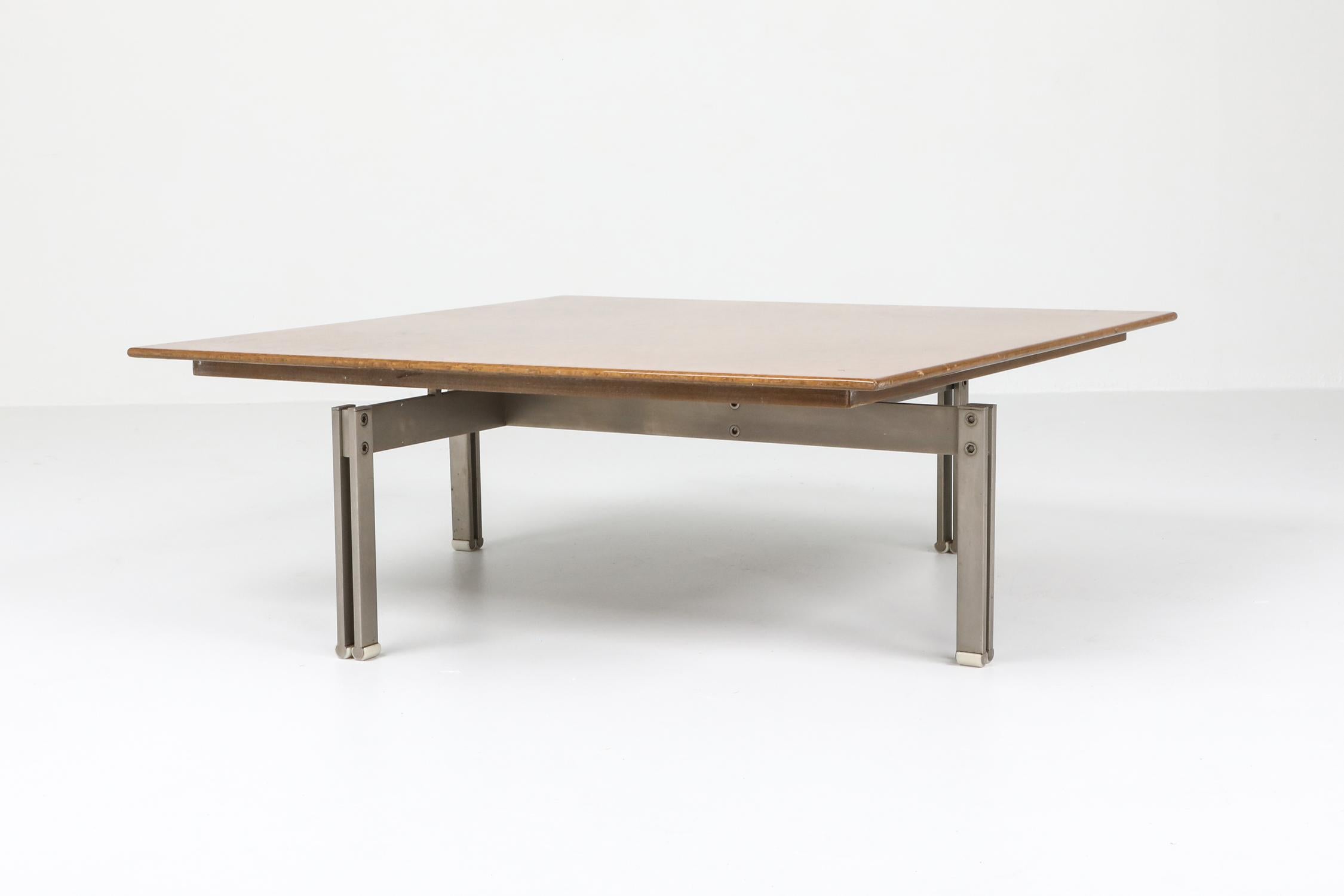 Veneer Milo Baughman Style Burl Wood Coffee Table with Steel Base