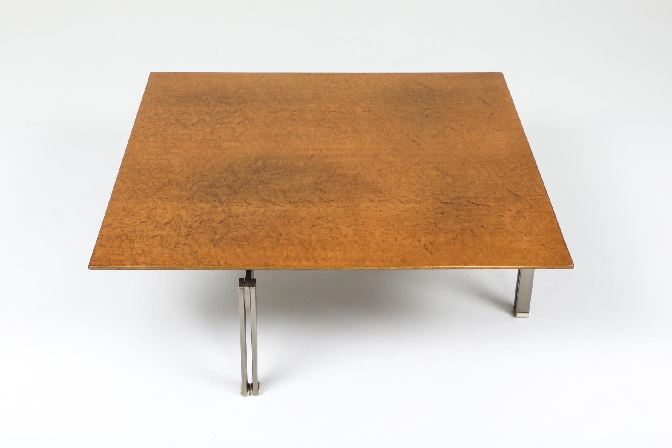 Milo Baughman Style Burl Wood Coffee Table with Steel Base In Excellent Condition In Antwerp, BE
