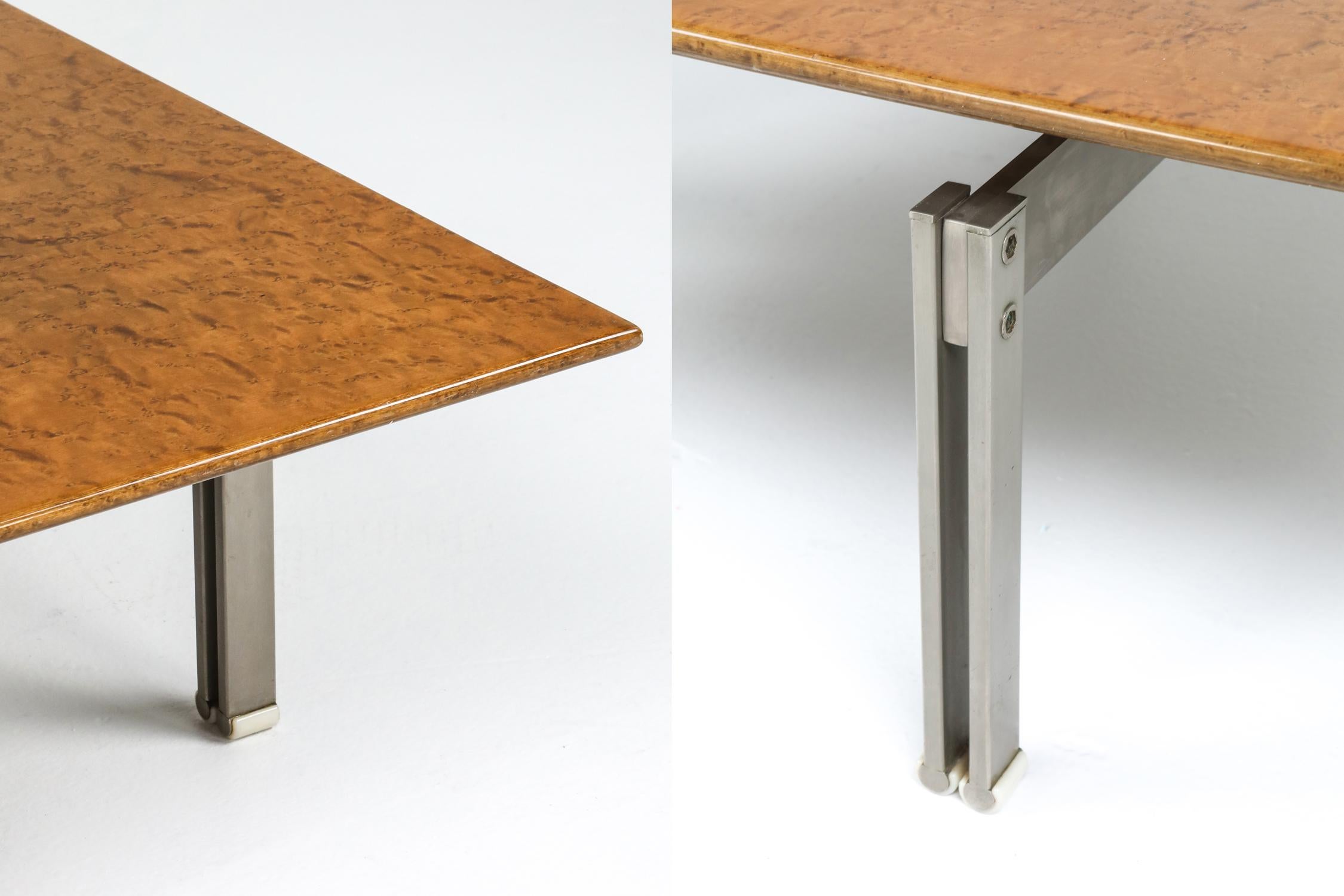 Milo Baughman Style Burl Wood Coffee Table with Steel Base 1