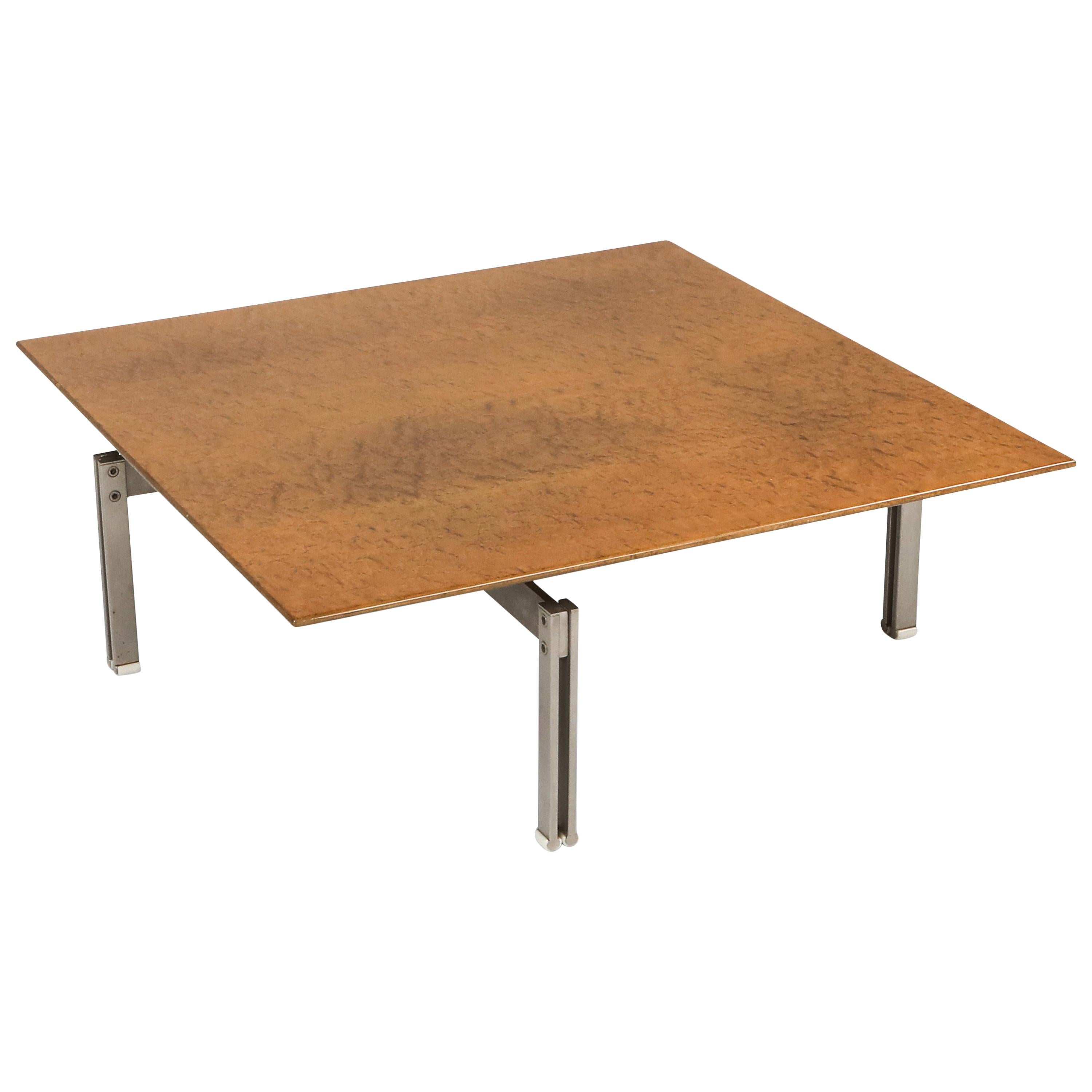 Milo Baughman Style Burl Wood Coffee Table with Steel Base