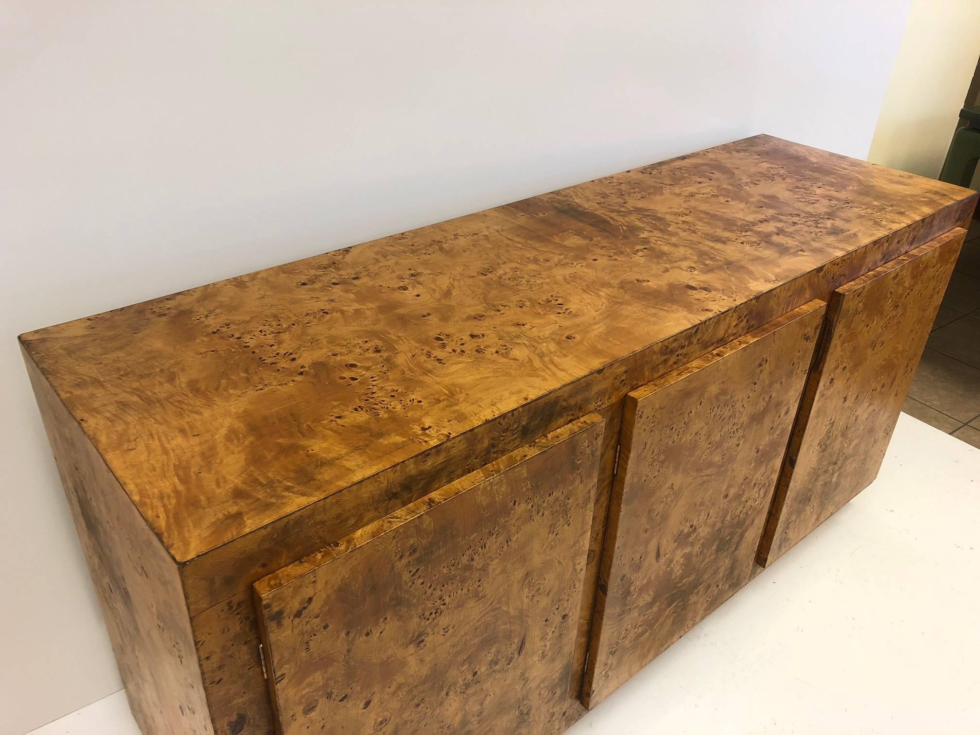 American Milo Baughman Style Burl Wood Credenza