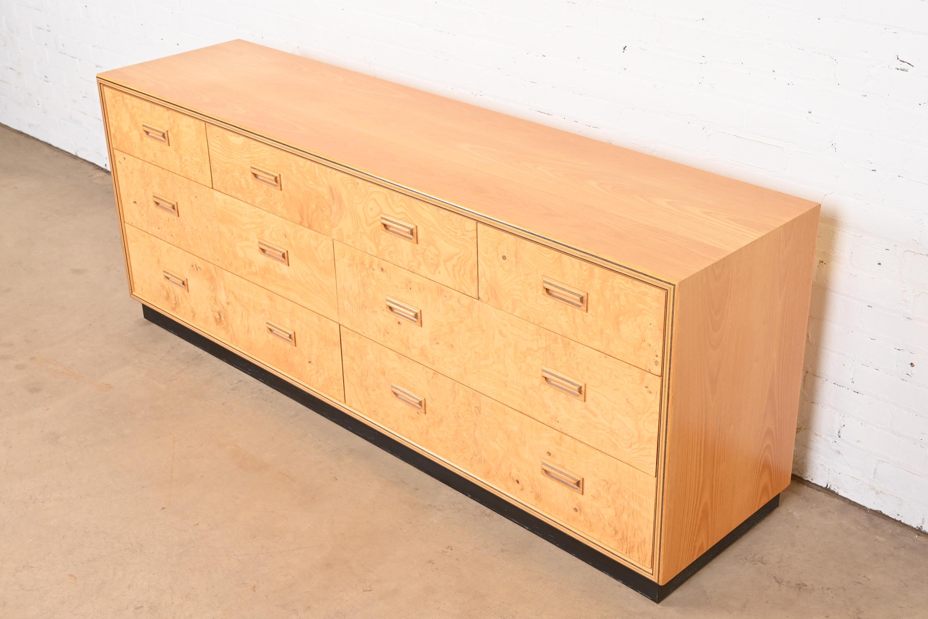 American Milo Baughman Style Burl Wood Dresser or Credenza by Henredon For Sale