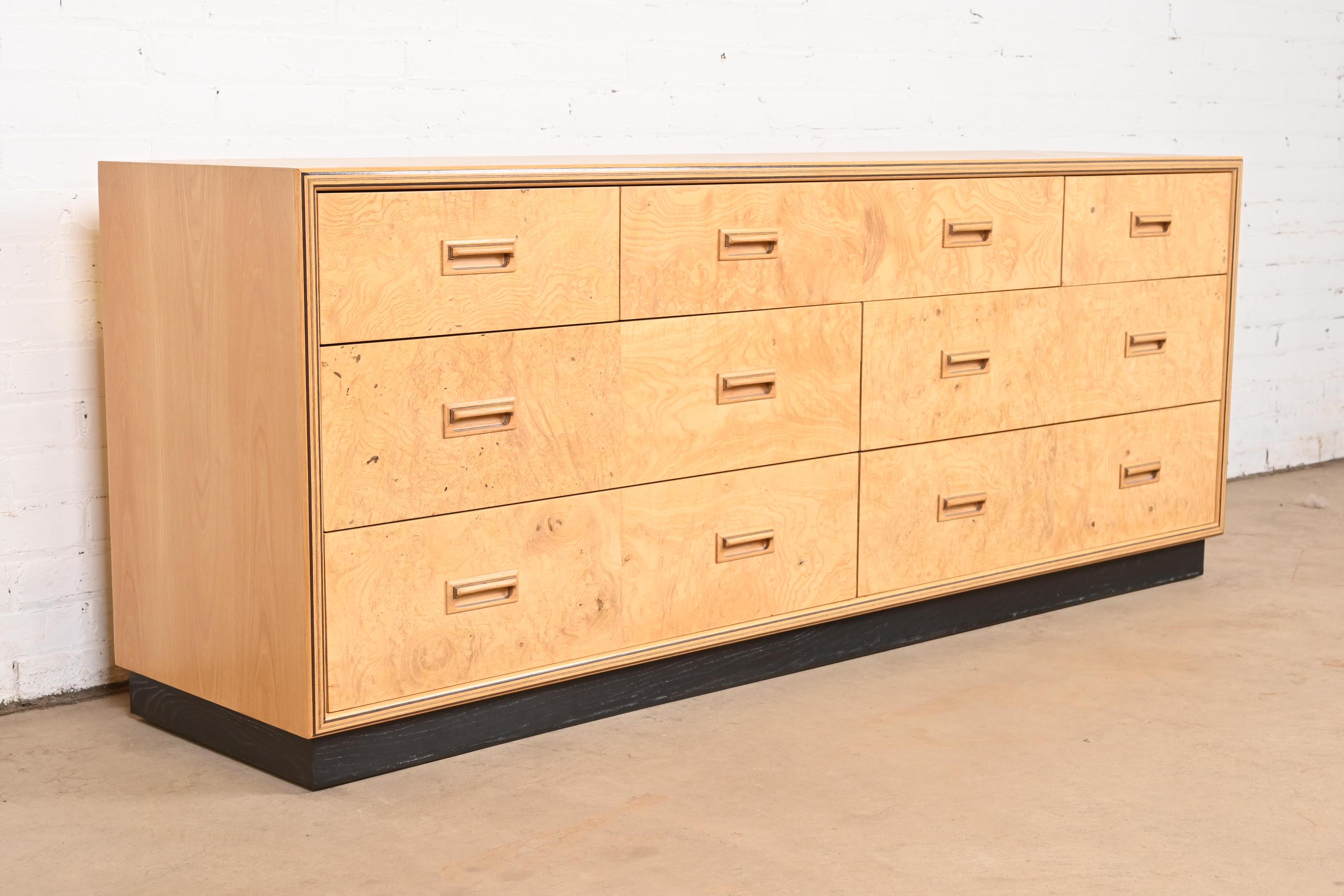Late 20th Century Milo Baughman Style Burl Wood Dresser or Credenza by Henredon For Sale