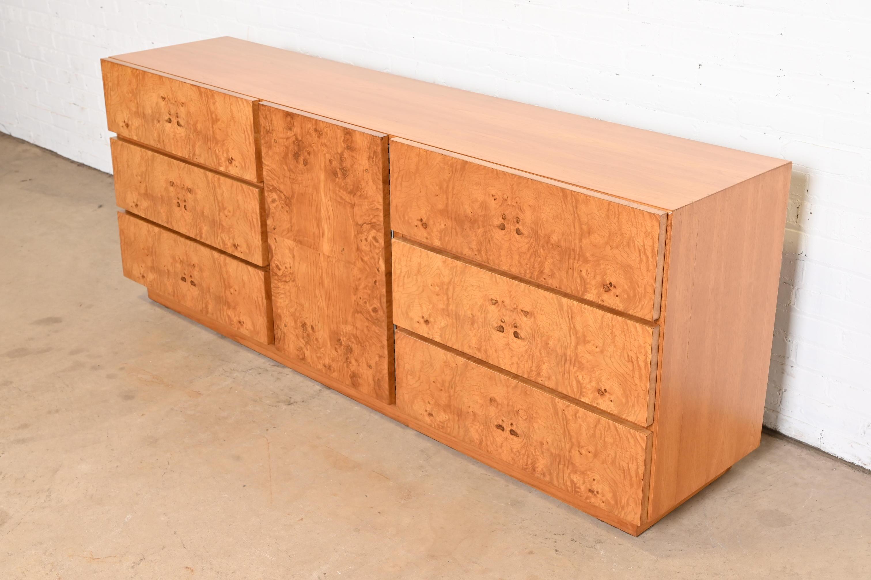Mid-Century Modern Milo Baughman Style Burl Wood Dresser or Credenza by Lane, Newly Refinished