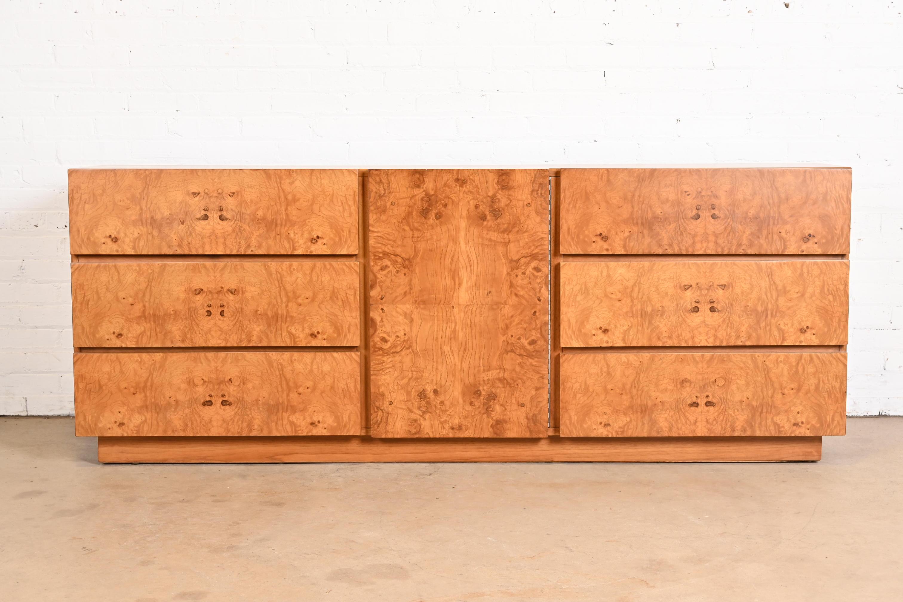 American Milo Baughman Style Burl Wood Dresser or Credenza by Lane, Newly Refinished