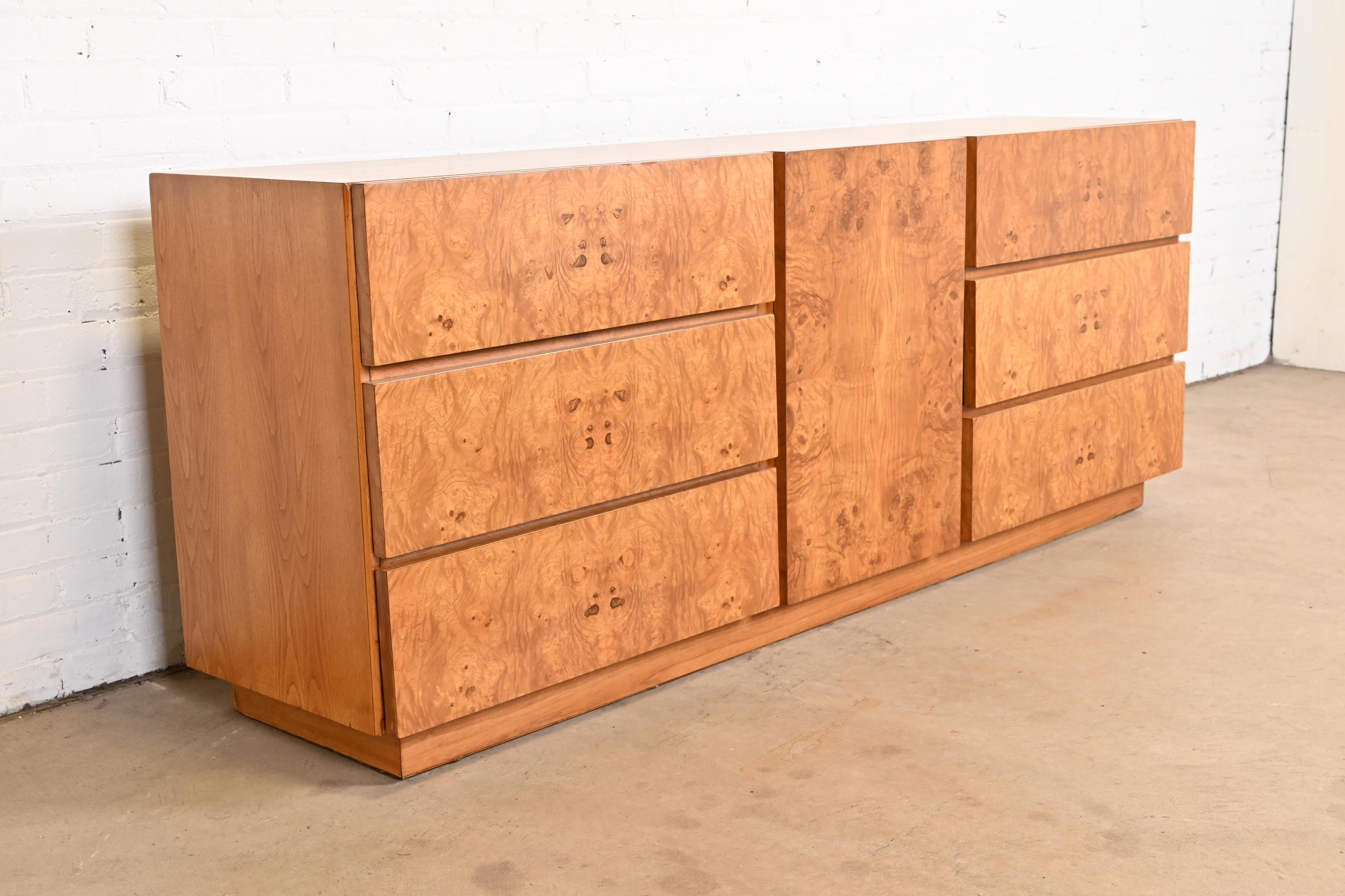 Late 20th Century Milo Baughman Style Burl Wood Dresser or Credenza by Lane, Newly Refinished