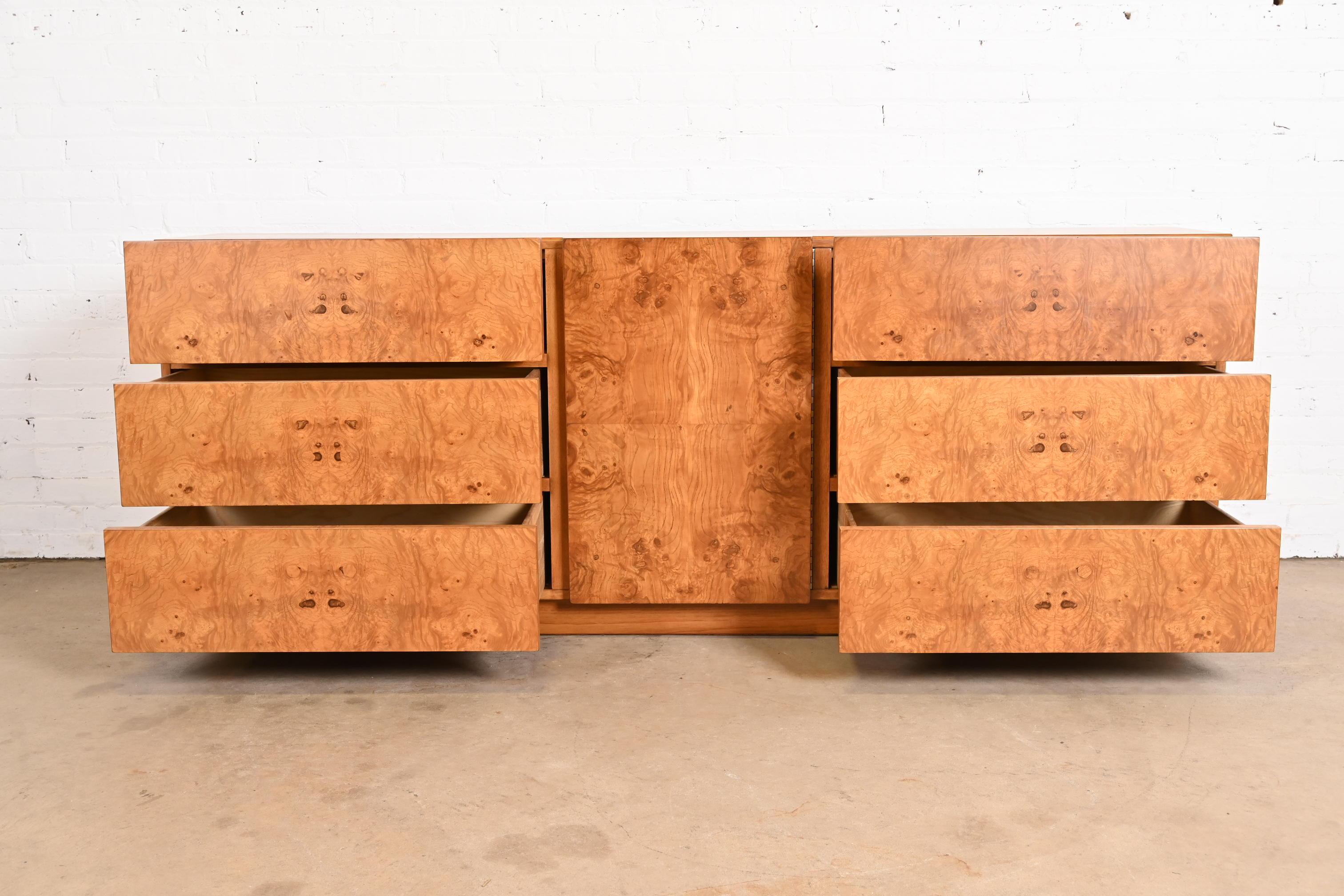 Milo Baughman Style Burl Wood Dresser or Credenza by Lane, Newly Refinished 1