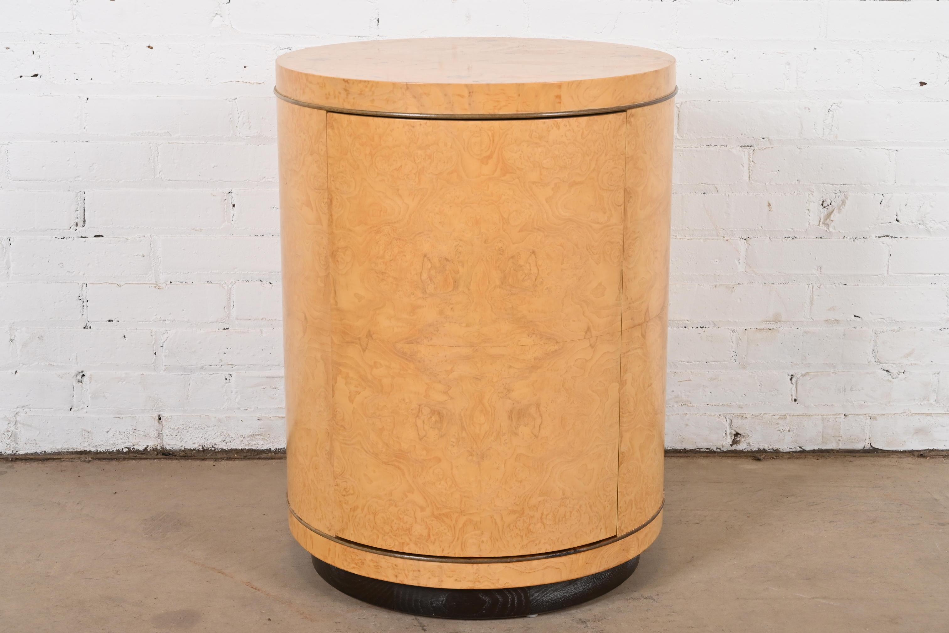 Mid-Century Modern Milo Baughman Style Burl Wood Drum Side Table by Henredon For Sale