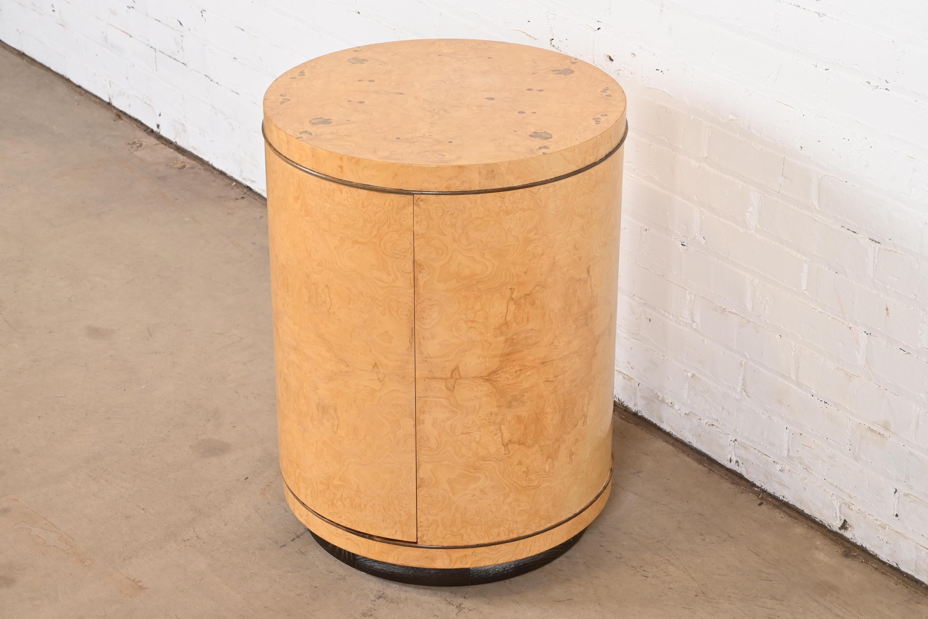 American Milo Baughman Style Burl Wood Drum Side Table by Henredon For Sale