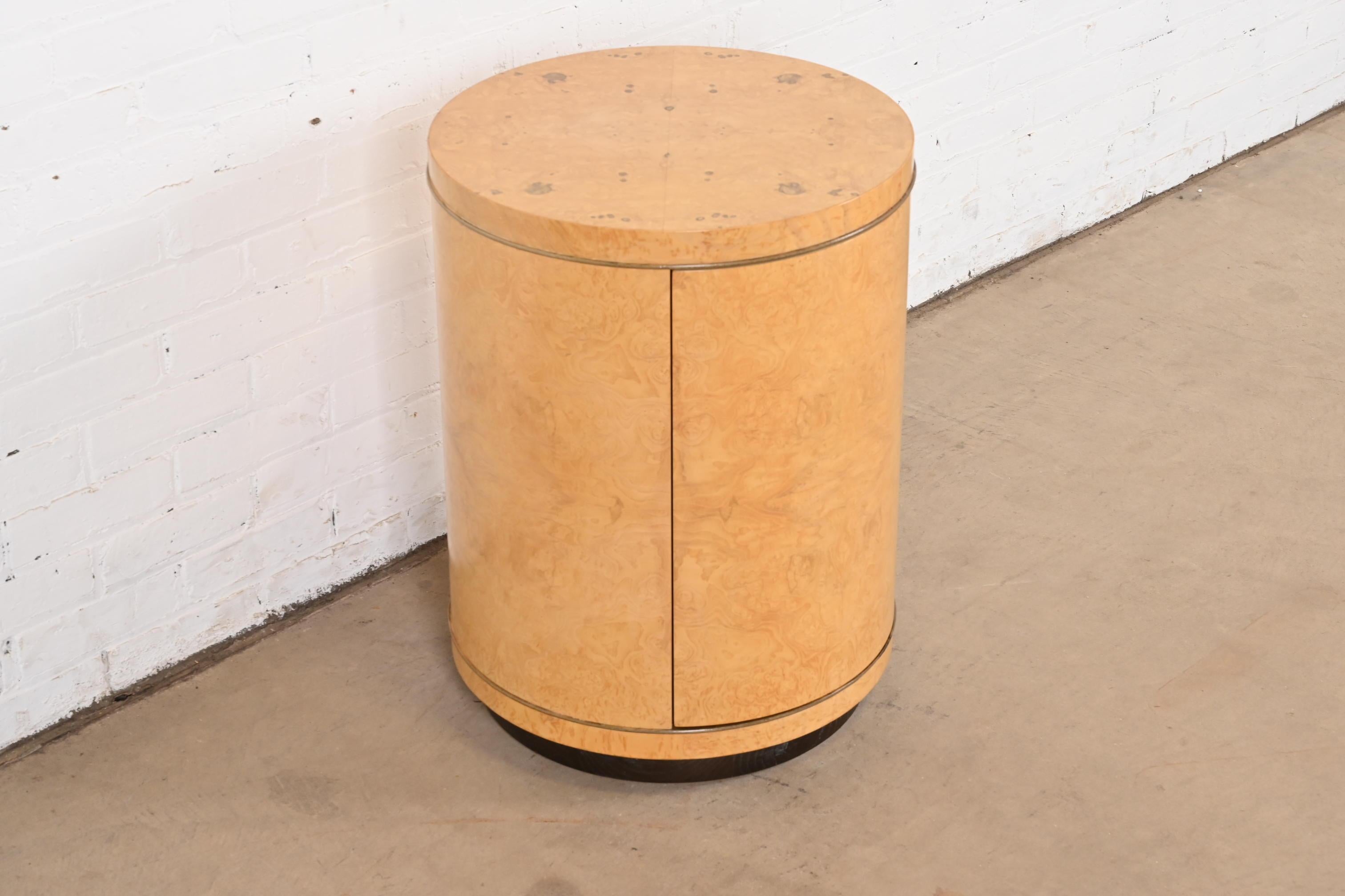Late 20th Century Milo Baughman Style Burl Wood Drum Side Table by Henredon For Sale