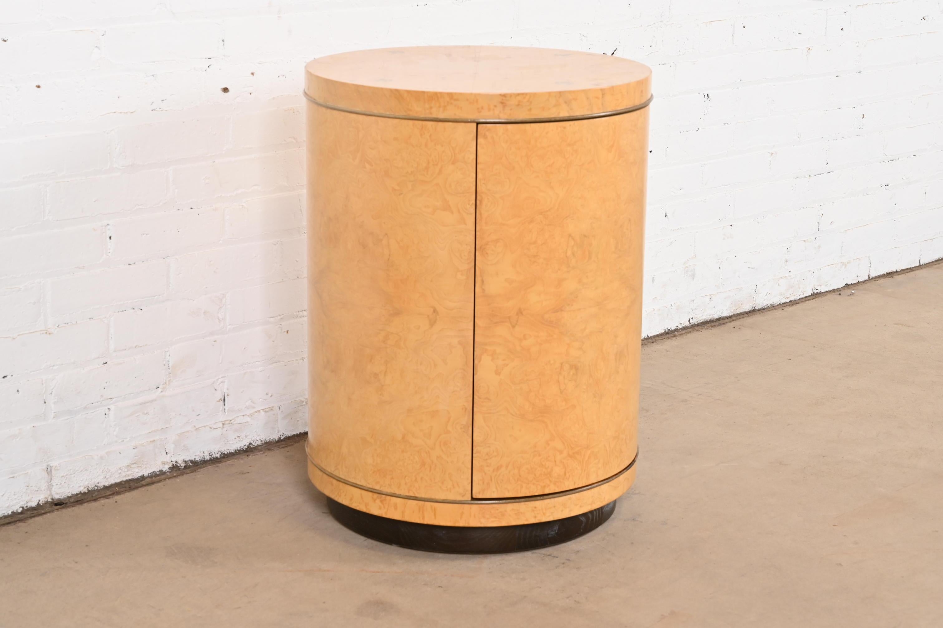 Macassar Milo Baughman Style Burl Wood Drum Side Table by Henredon For Sale