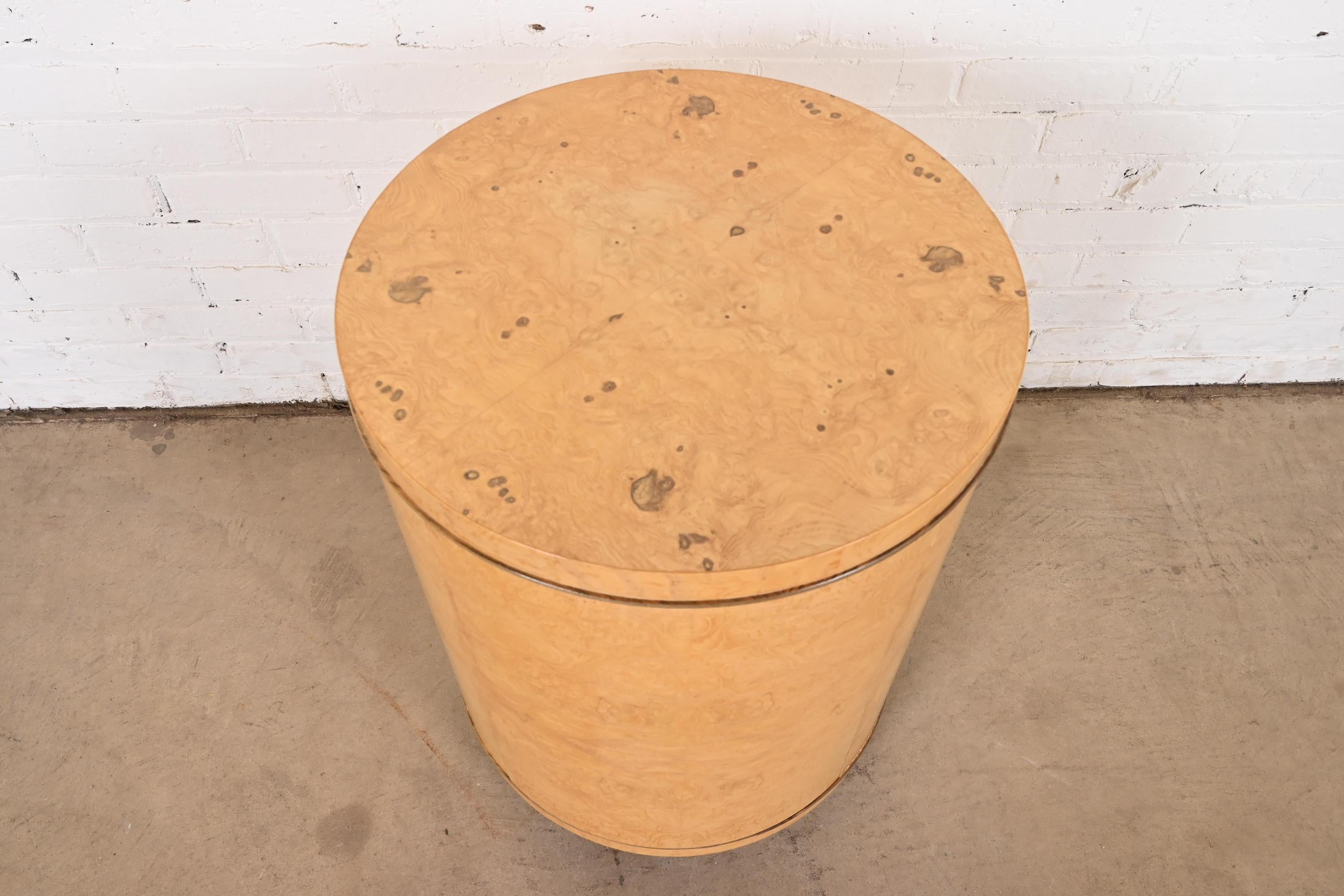 Milo Baughman Style Burl Wood Drum Side Table by Henredon For Sale 1