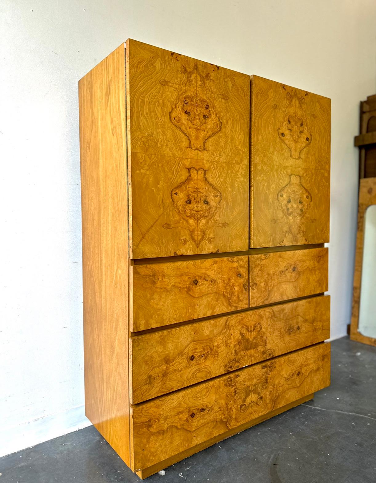 Roland Carter for Lane , circa 1970.

Outstanding Burl Wood highboy dresser in the manner of Milo Baughman.

Five spacious drawers, gorgeous wood grain, and lane furniture quality.
