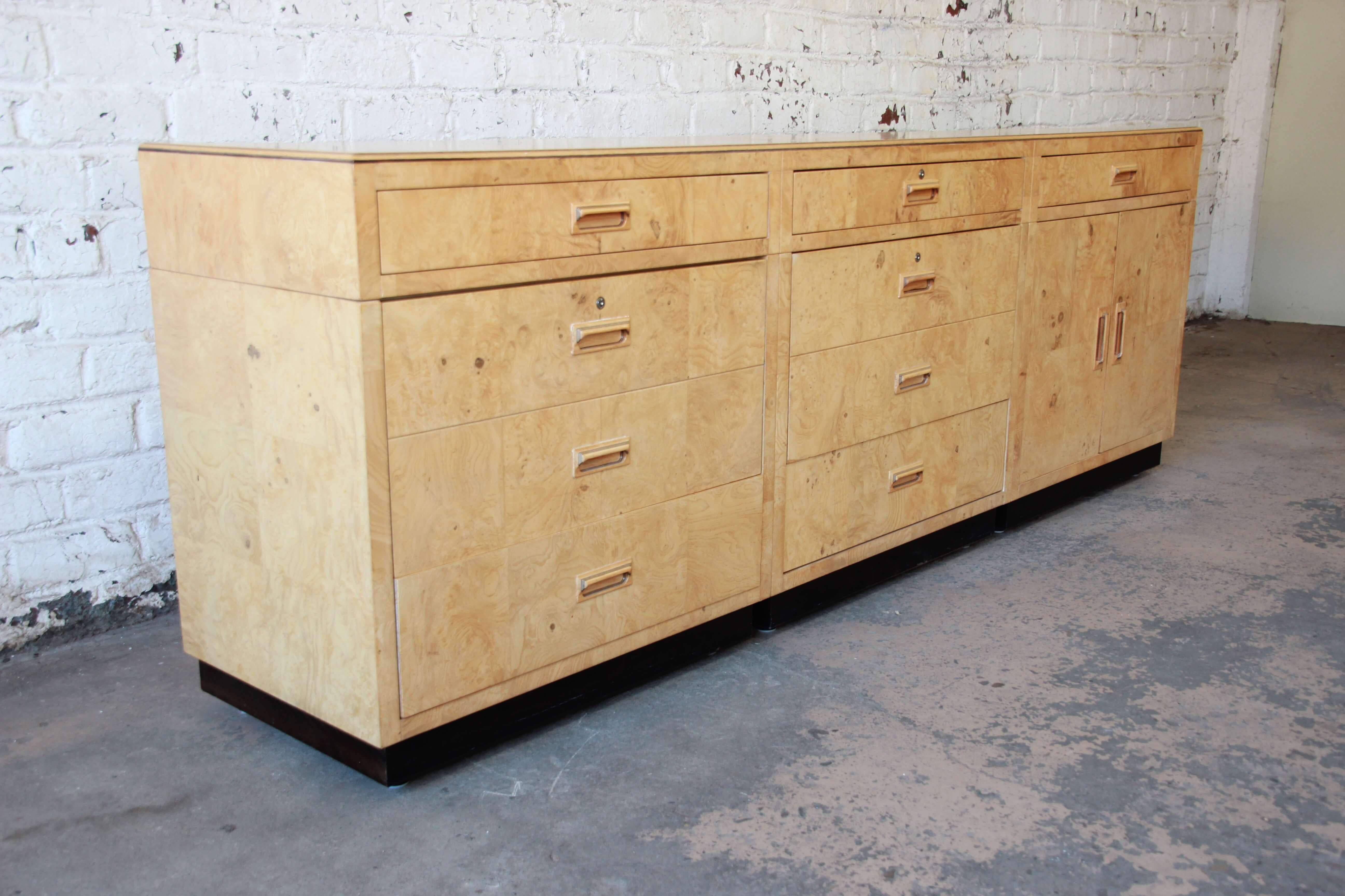 Mid-Century Modern Milo Baughman Style Burl Wood Long Credenza or Bar Cabinet by Henredon