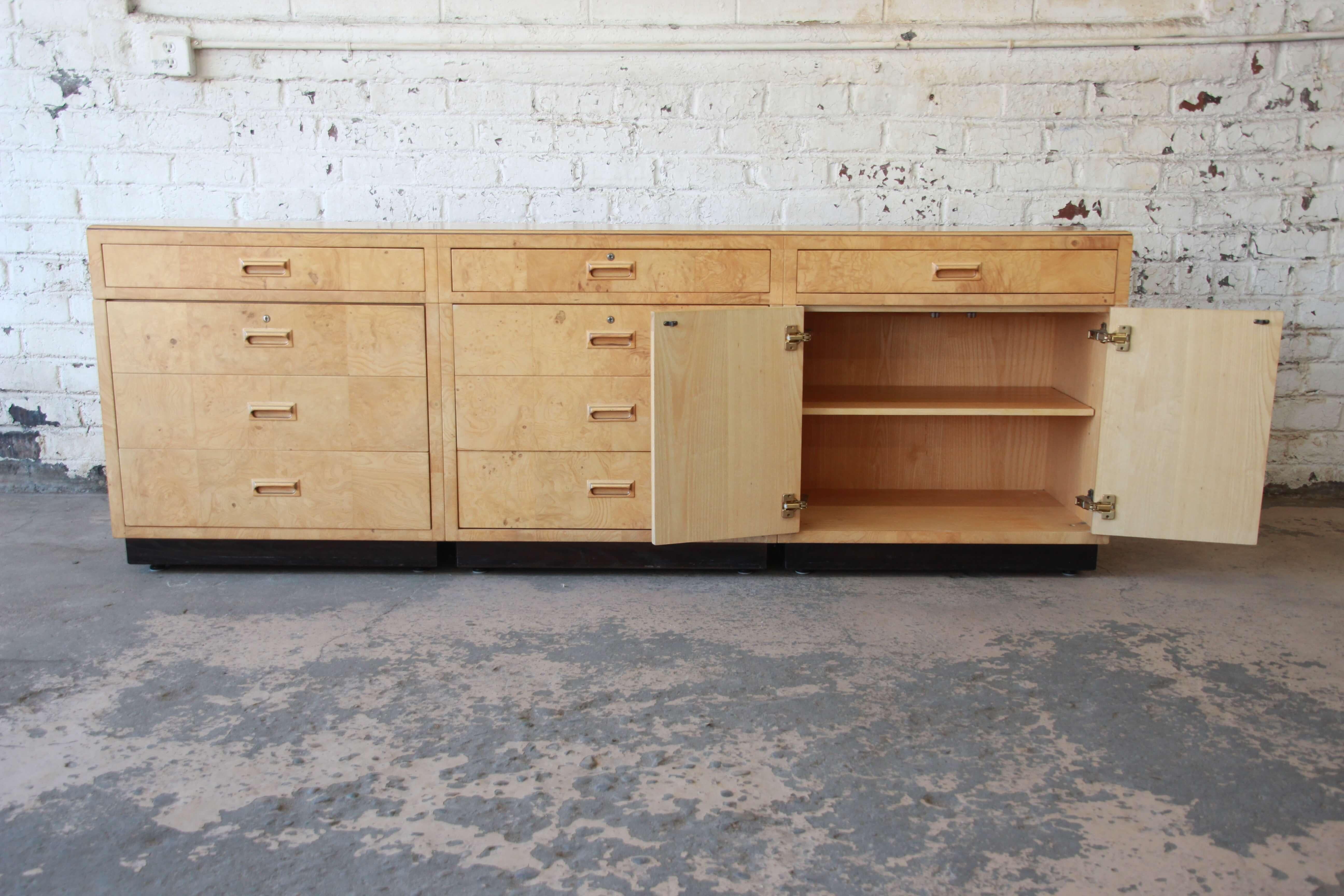 Milo Baughman Style Burl Wood Long Credenza or Bar Cabinet by Henredon 1