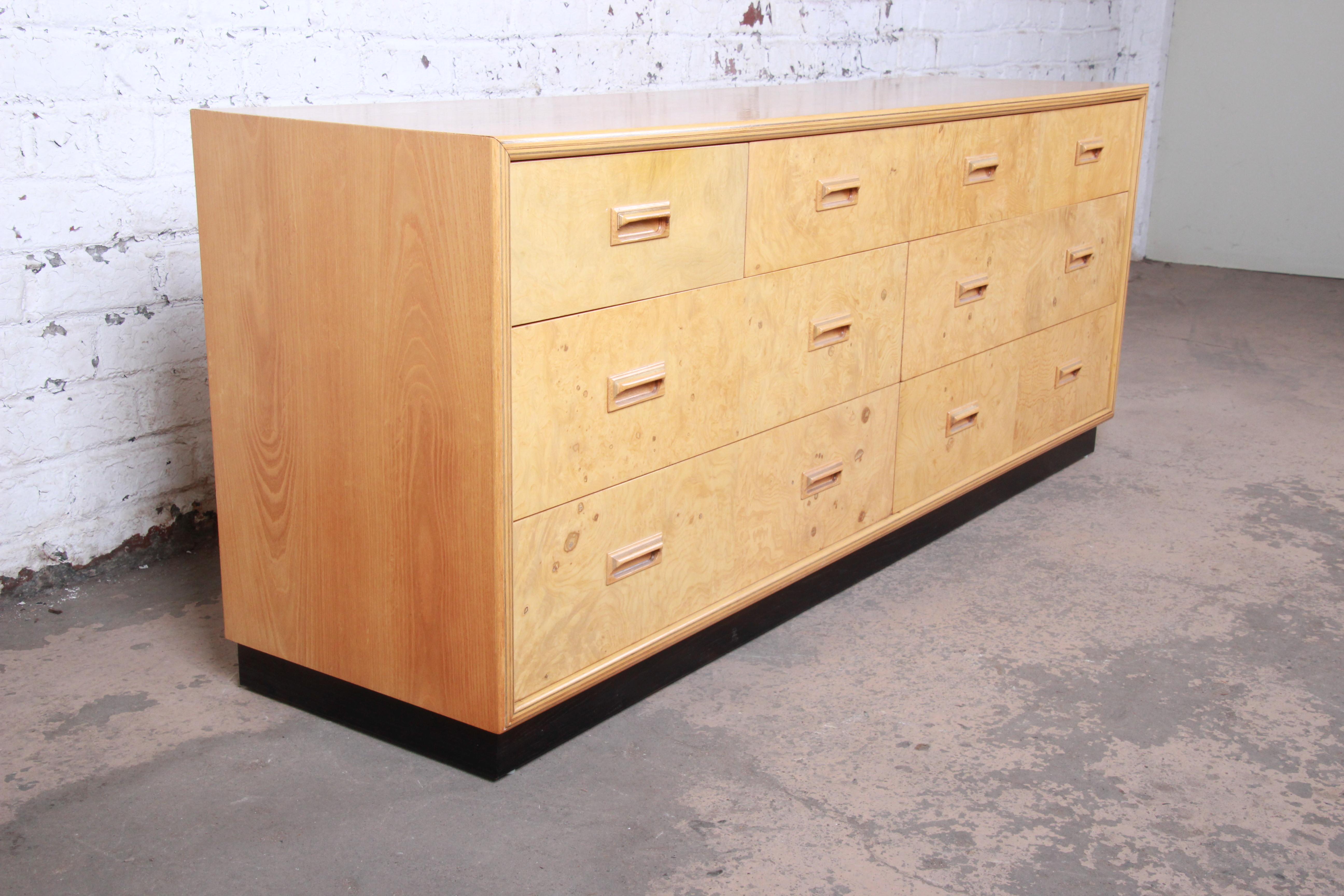 Mid-Century Modern Milo Baughman Style Burl Wood Long Dresser or Credenza by Henredon