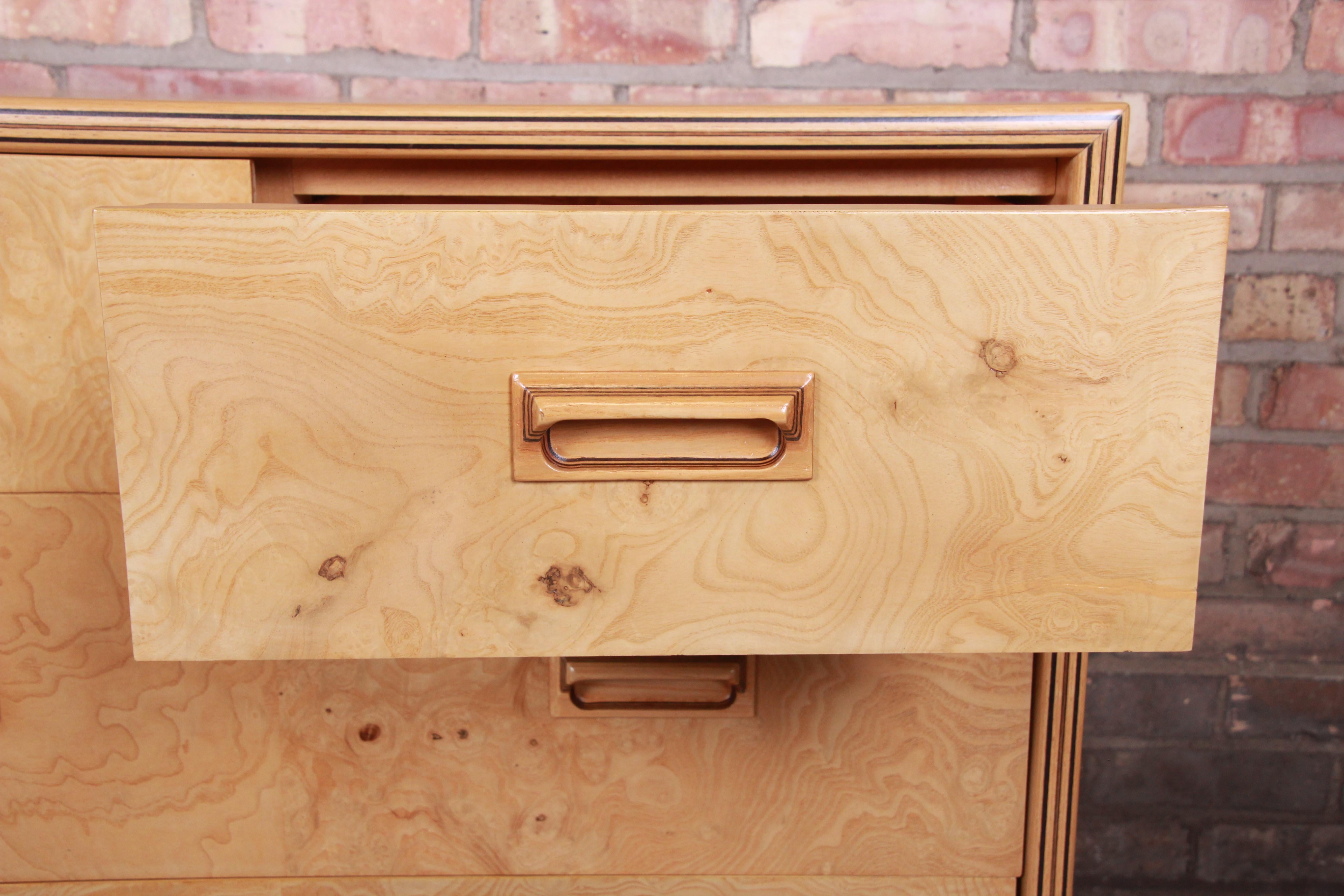 Milo Baughman Style Burl Wood Long Dresser or Credenza by Henredon, Refinished 3