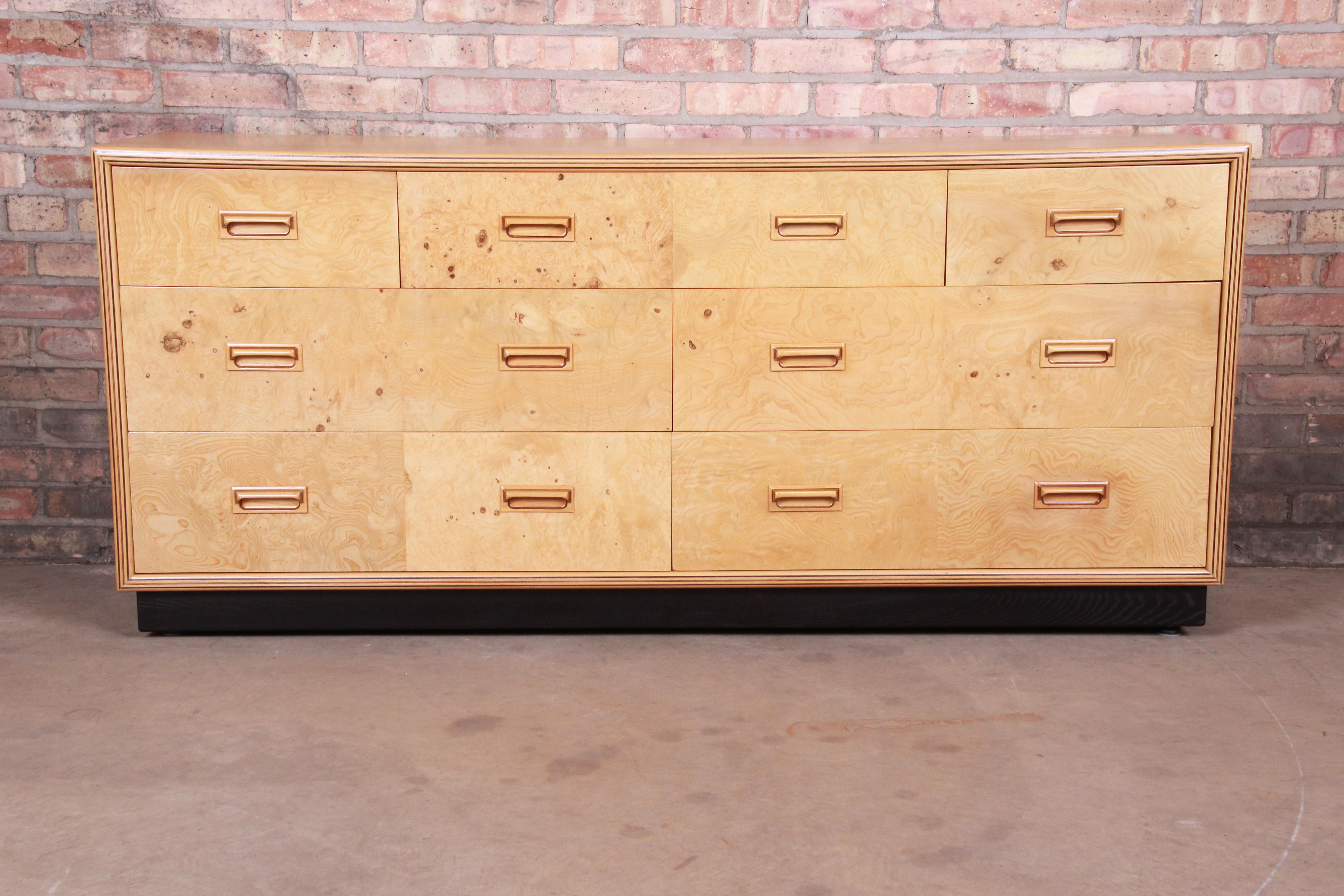 Mid-Century Modern Milo Baughman Style Burl Wood Long Dresser or Credenza by Henredon, Refinished