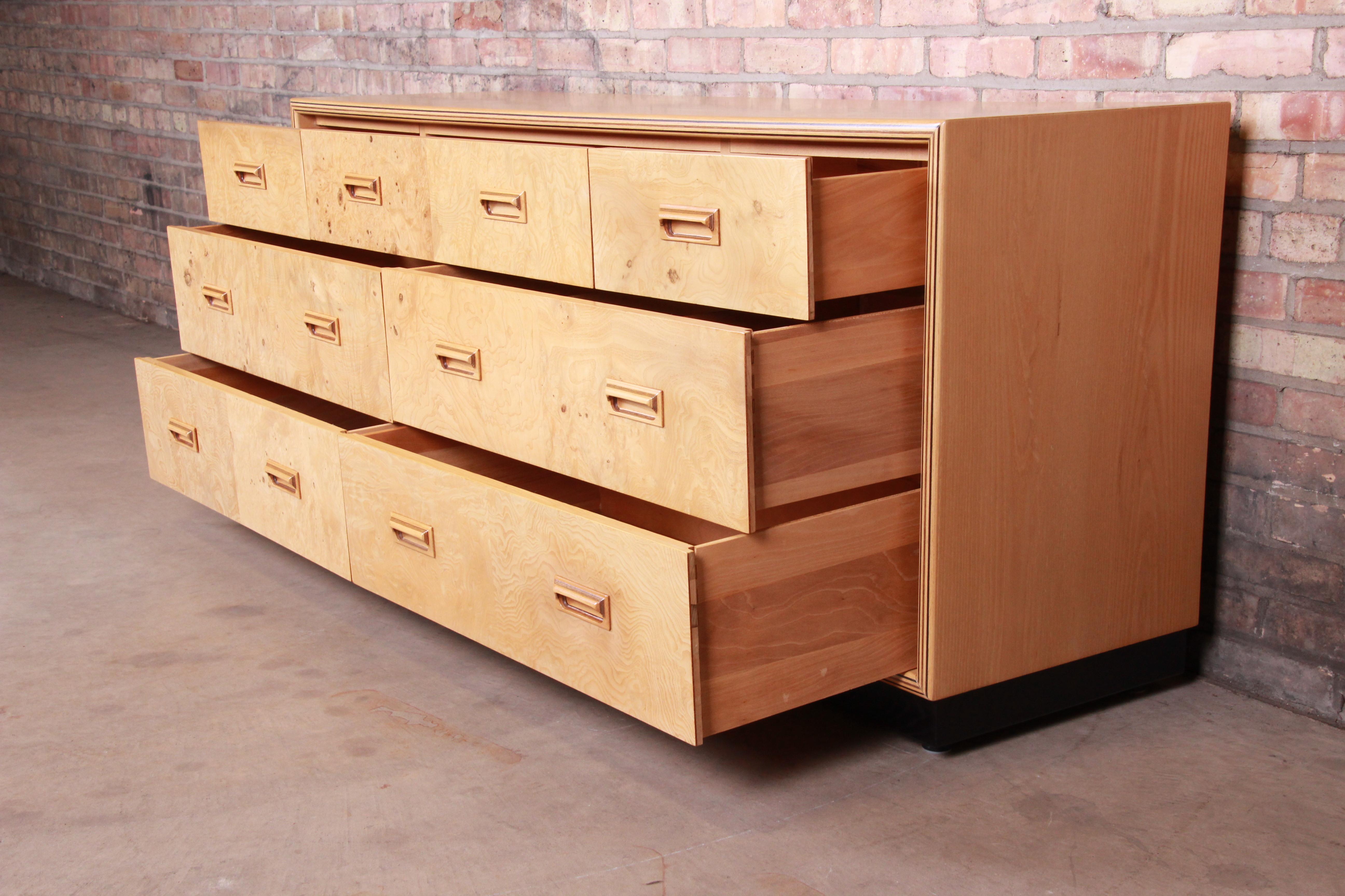 Milo Baughman Style Burl Wood Long Dresser or Credenza by Henredon, Refinished 1