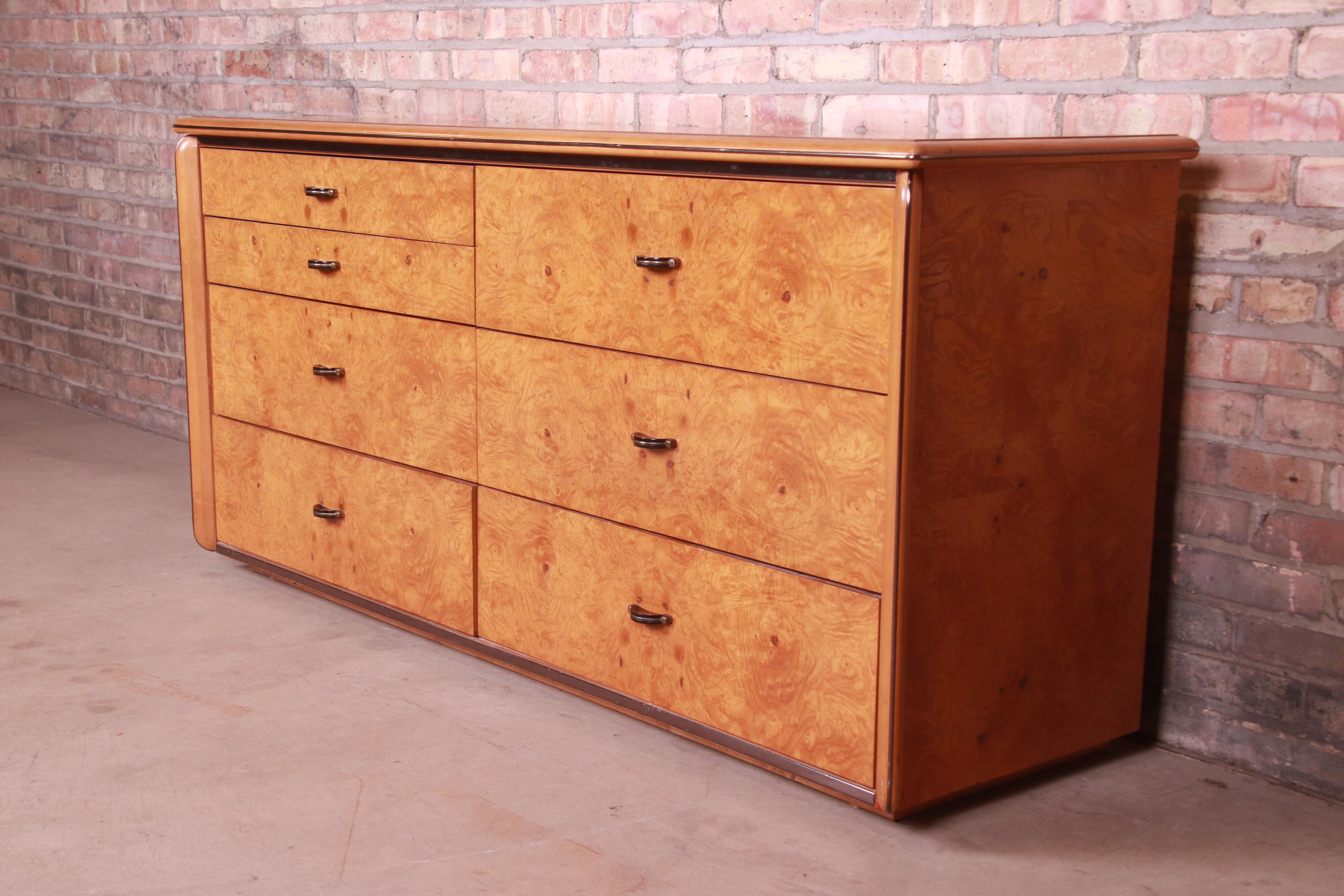 American Milo Baughman Style Burl Wood Long Dresser or Credenza by Lane, 1970s