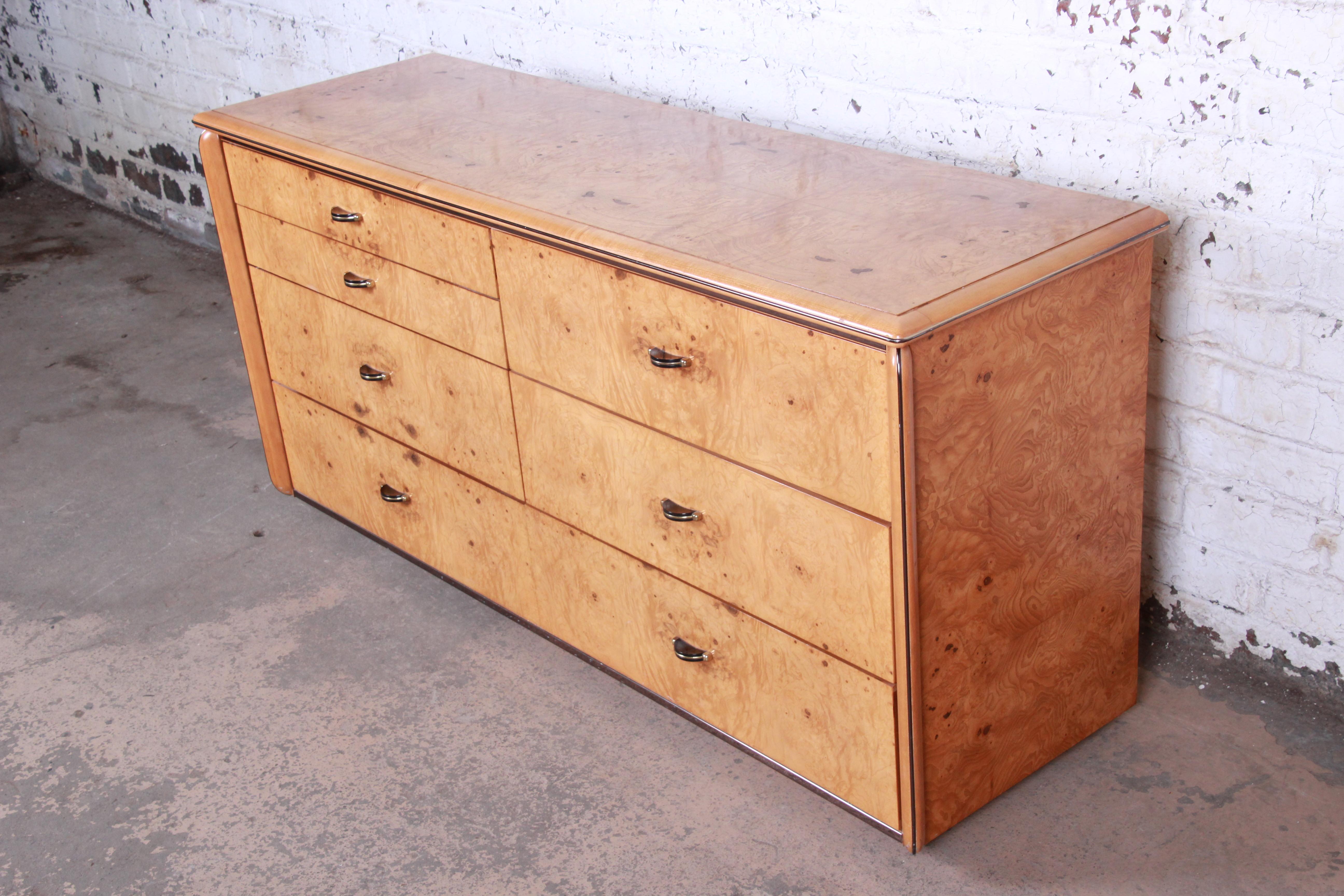 Mid-Century Modern Milo Baughman Style Burl Wood Long Dresser or Credenza by Lane