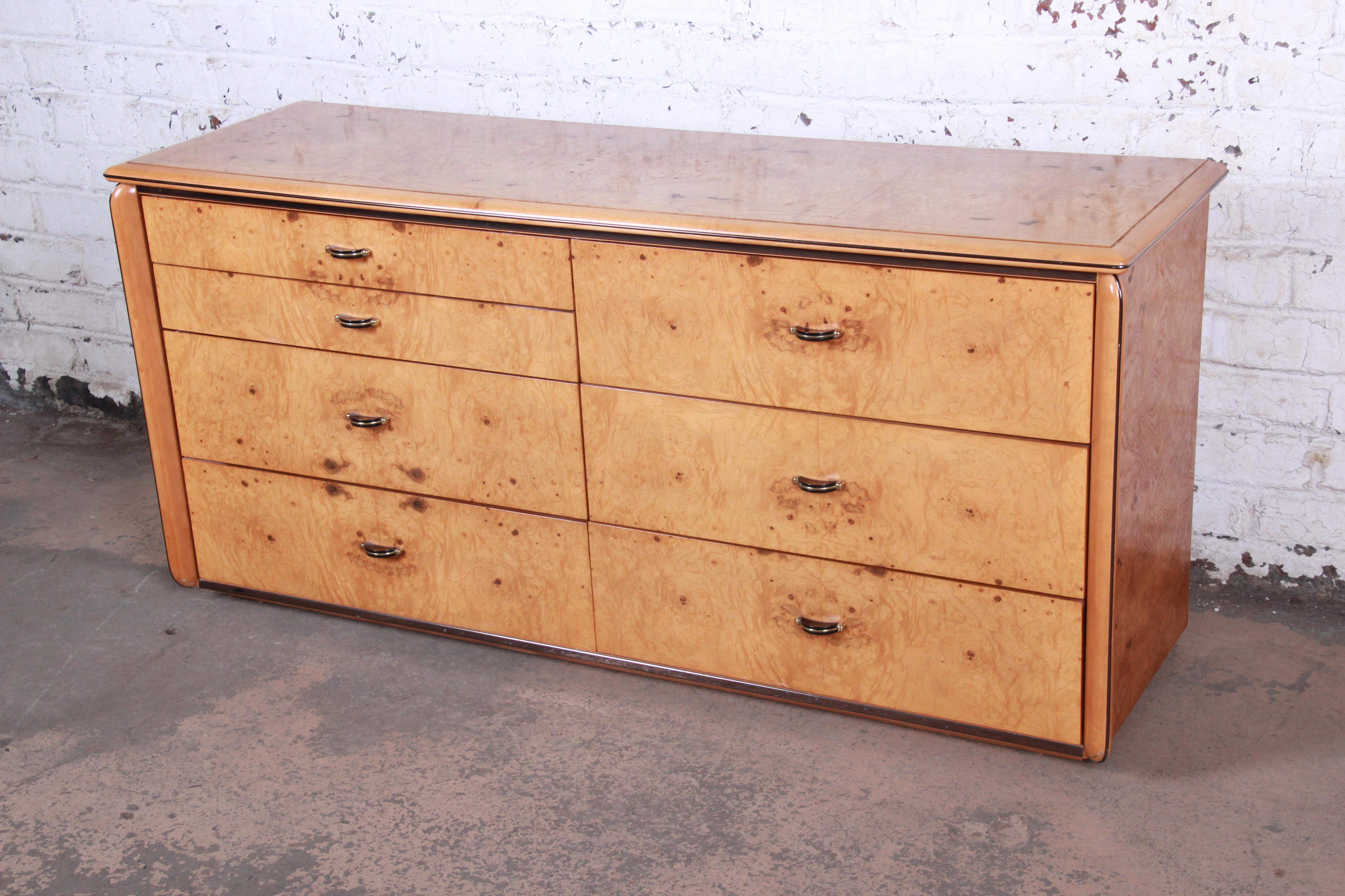 American Milo Baughman Style Burl Wood Long Dresser or Credenza by Lane