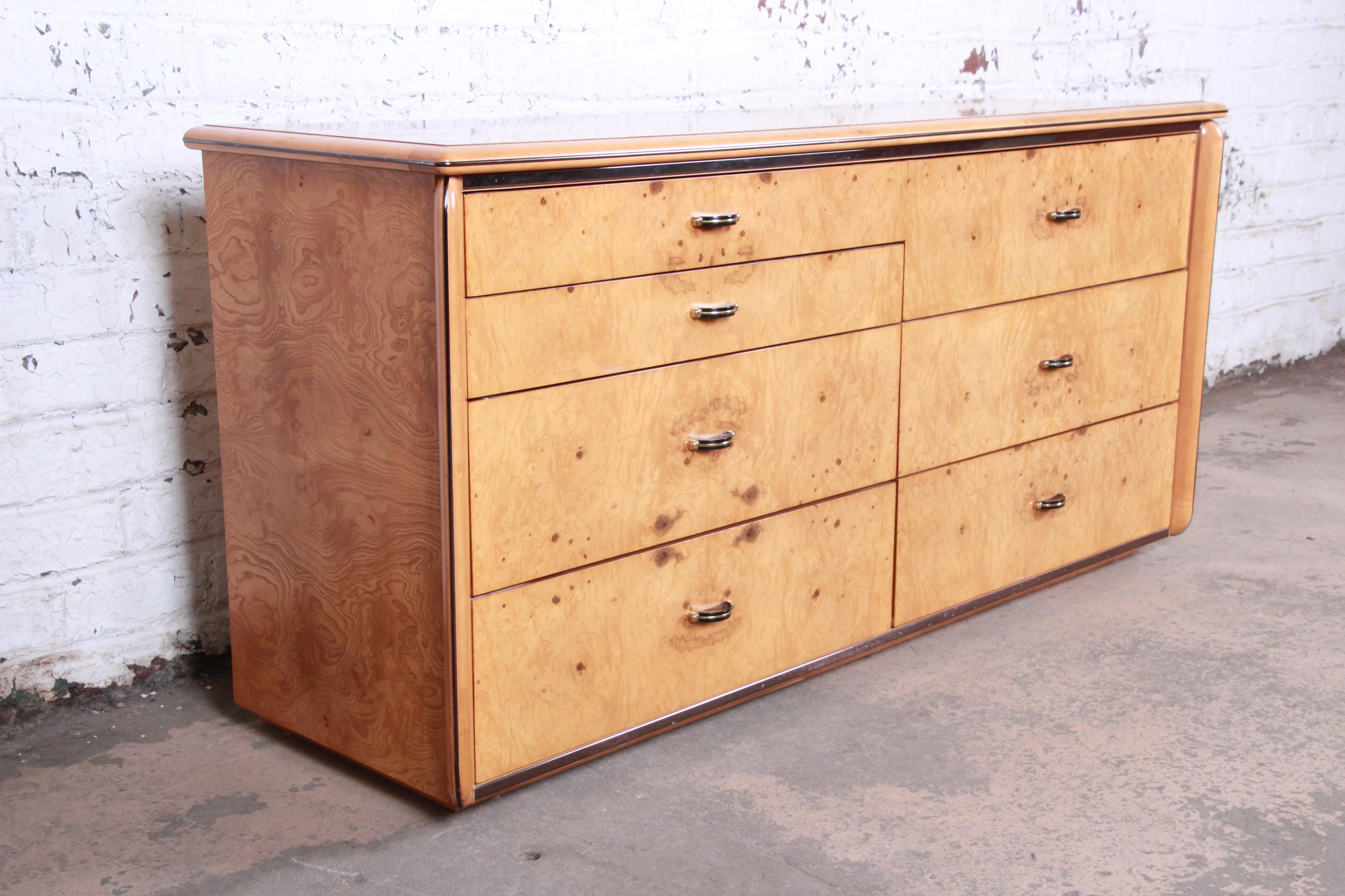 Late 20th Century Milo Baughman Style Burl Wood Long Dresser or Credenza by Lane