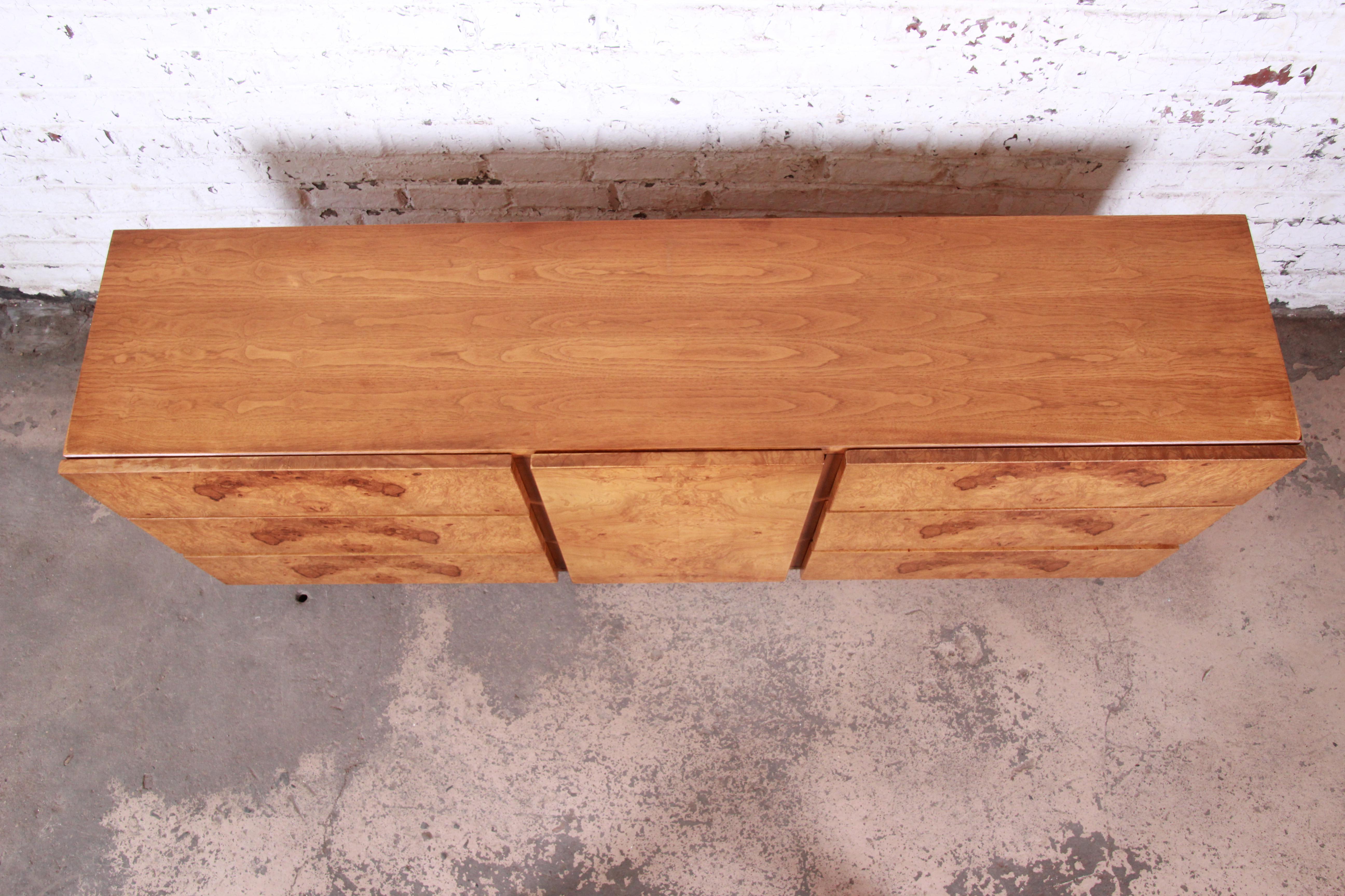 Milo Baughman Style Burl Wood Long Dresser or Credenza by Lane 2