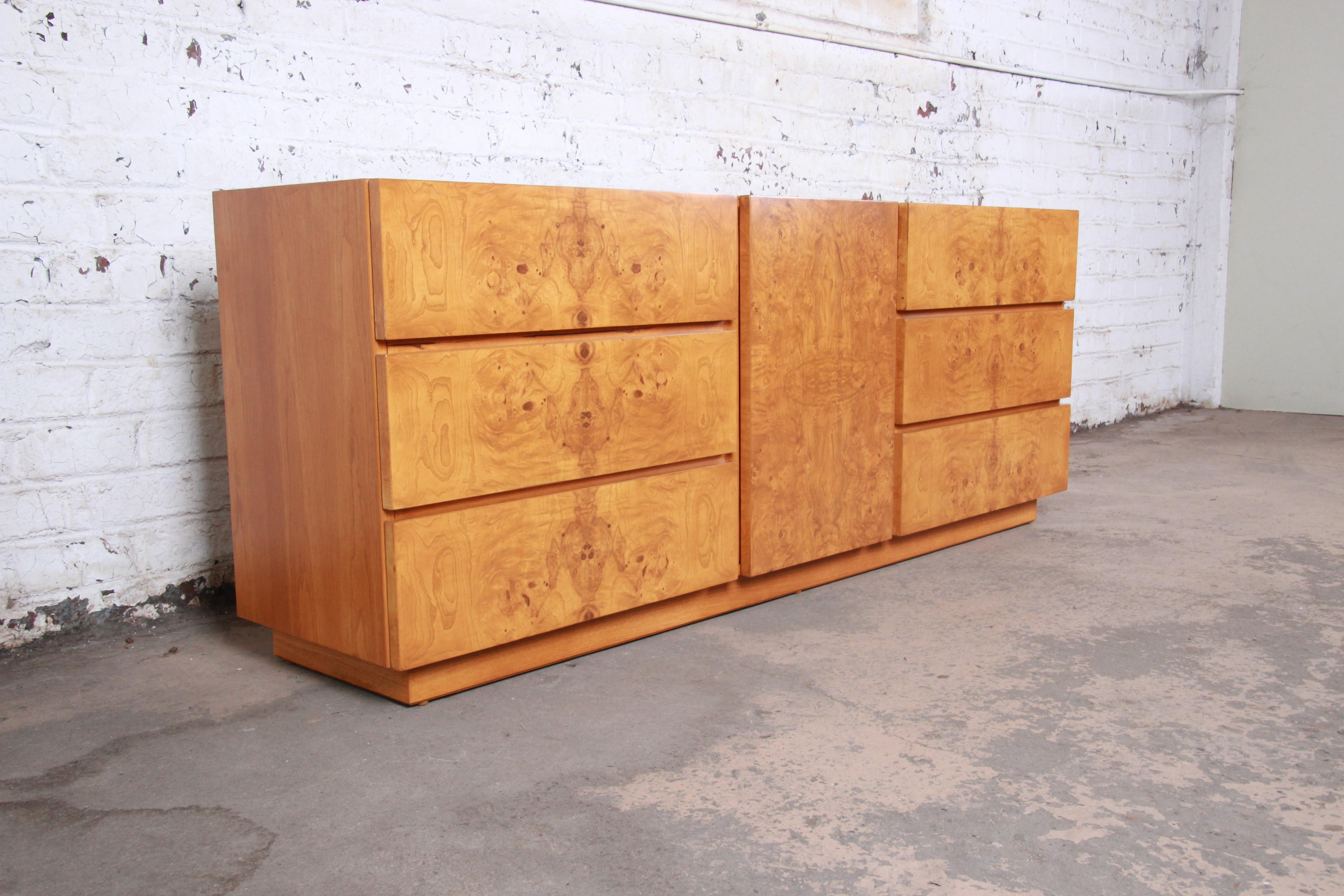 Mid-Century Modern Milo Baughman Style Burl Wood Long Dresser or Credenza by Lane, Newly Restored