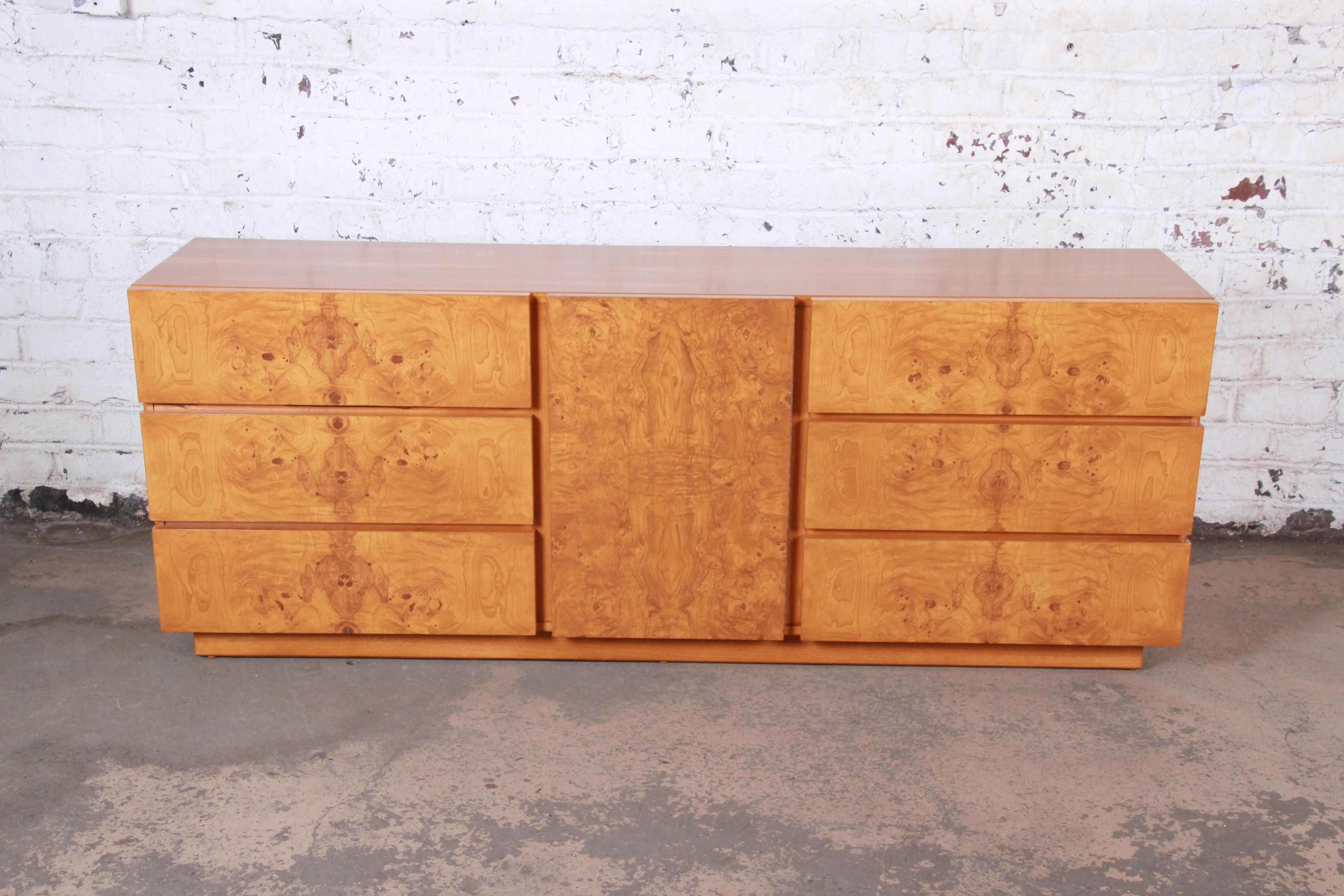 American Milo Baughman Style Burl Wood Long Dresser or Credenza by Lane, Newly Restored