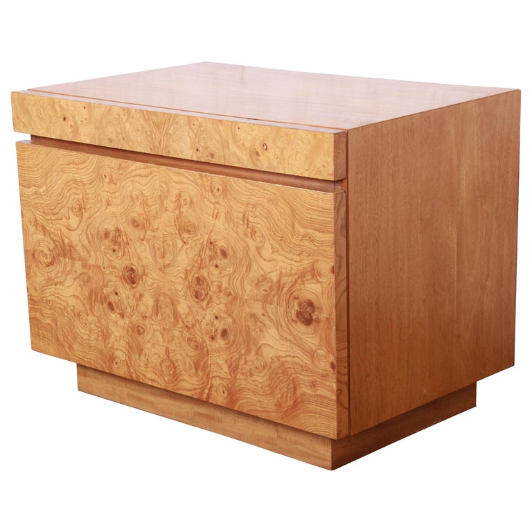 Milo Baughman Style Burl Wood Nightstand by Lane at 1stdibs