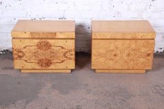 Milo Baughman Style Burl Wood Nightstands by Lane