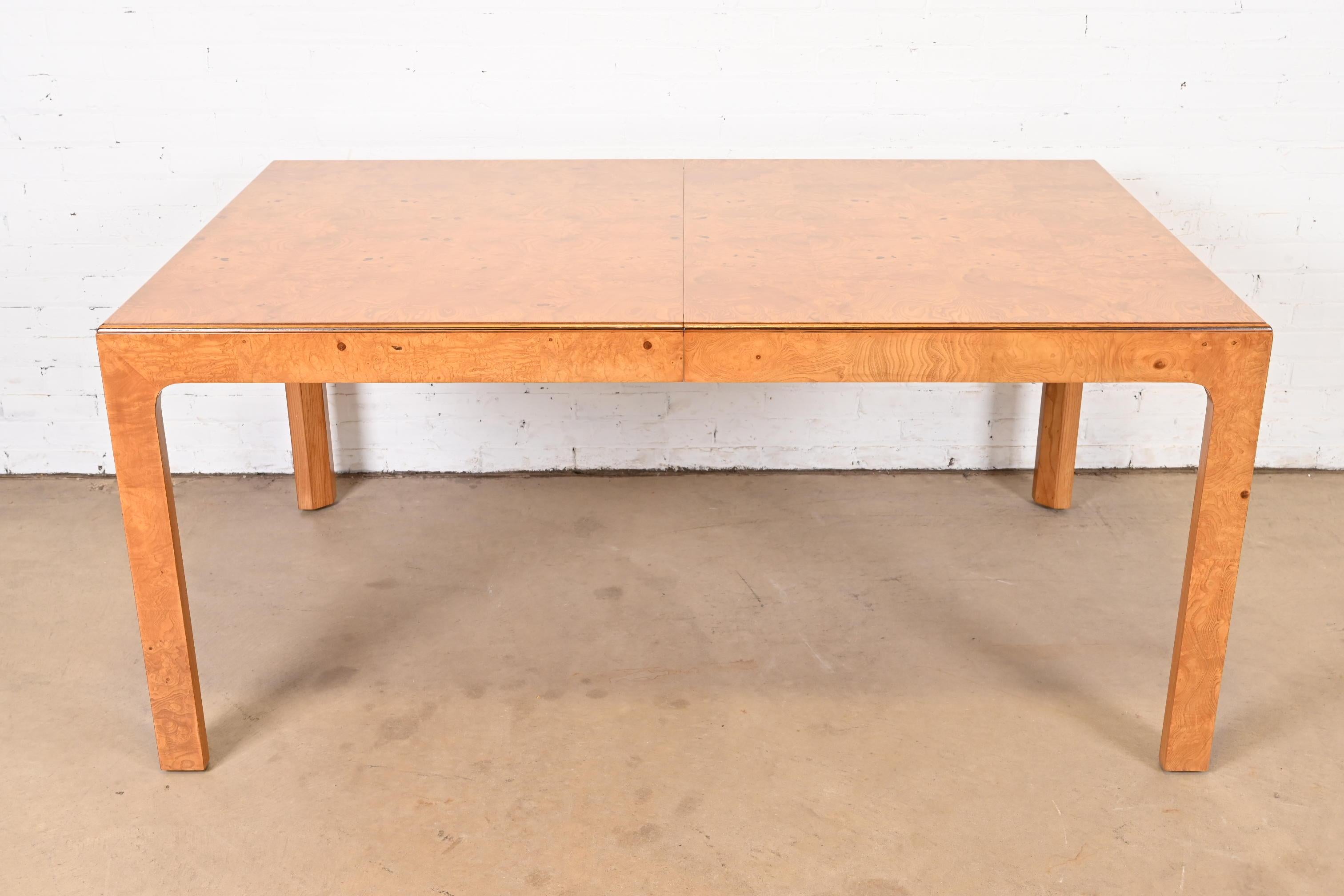 Milo Baughman Style Burl Wood Parsons Dining Table by Henredon, Newly Refinished For Sale 4