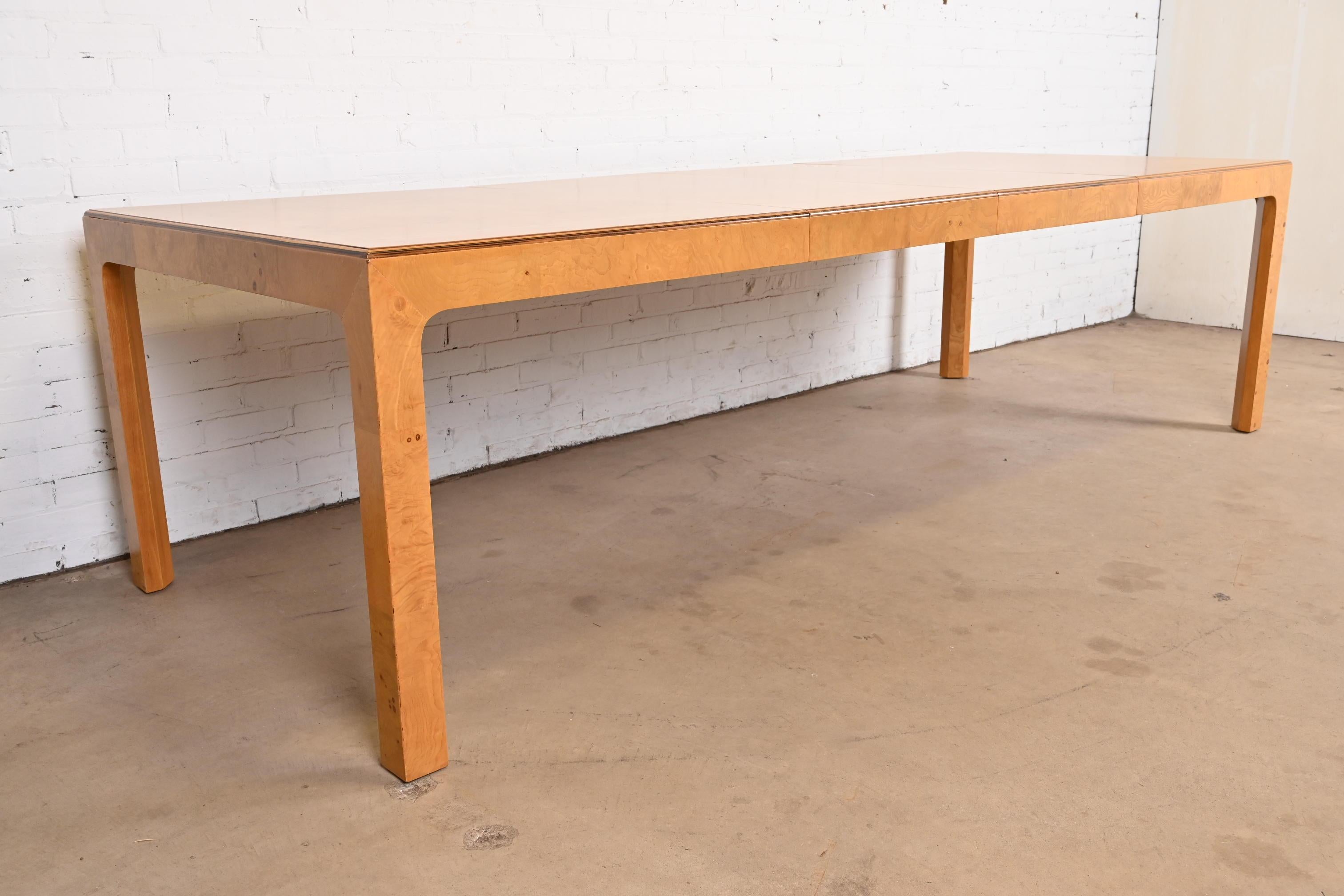 Ebony Milo Baughman Style Burl Wood Parsons Dining Table by Henredon, Newly Refinished