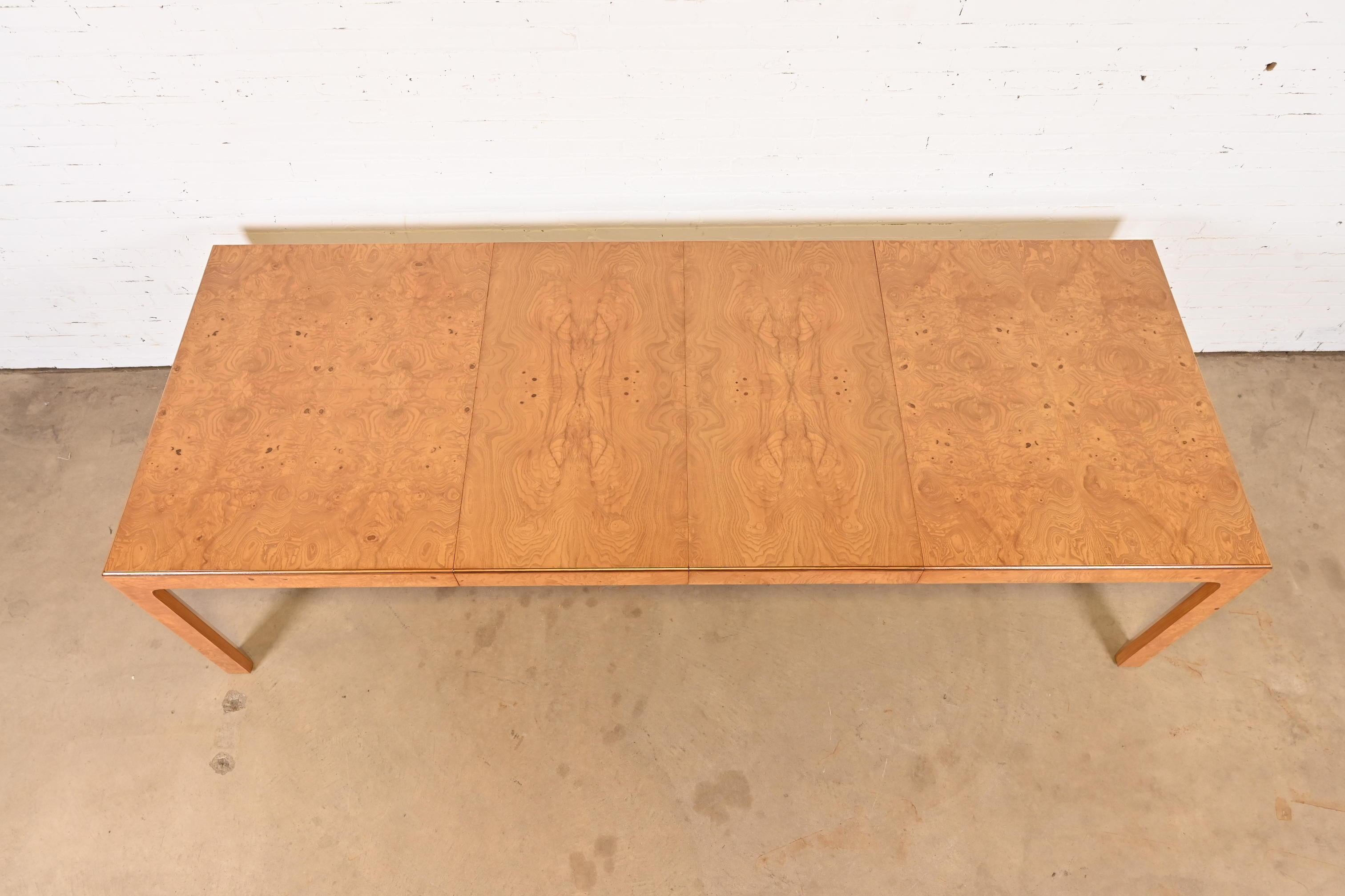 Milo Baughman Style Burl Wood Parsons Dining Table by Henredon, Newly Refinished For Sale 1