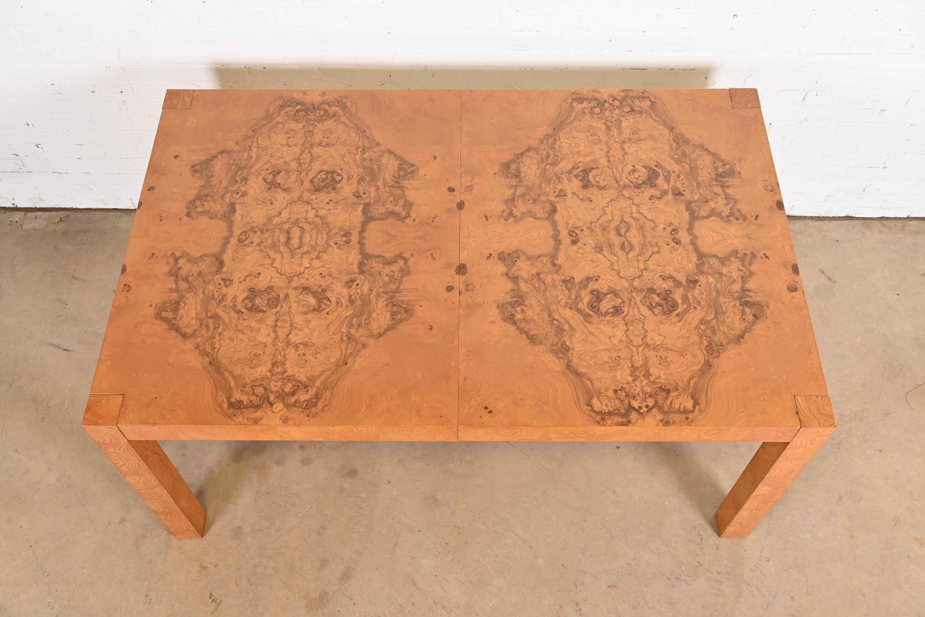 Milo Baughman Style Burl Wood Parsons Dining Table by Lane, Newly Refinished For Sale 5
