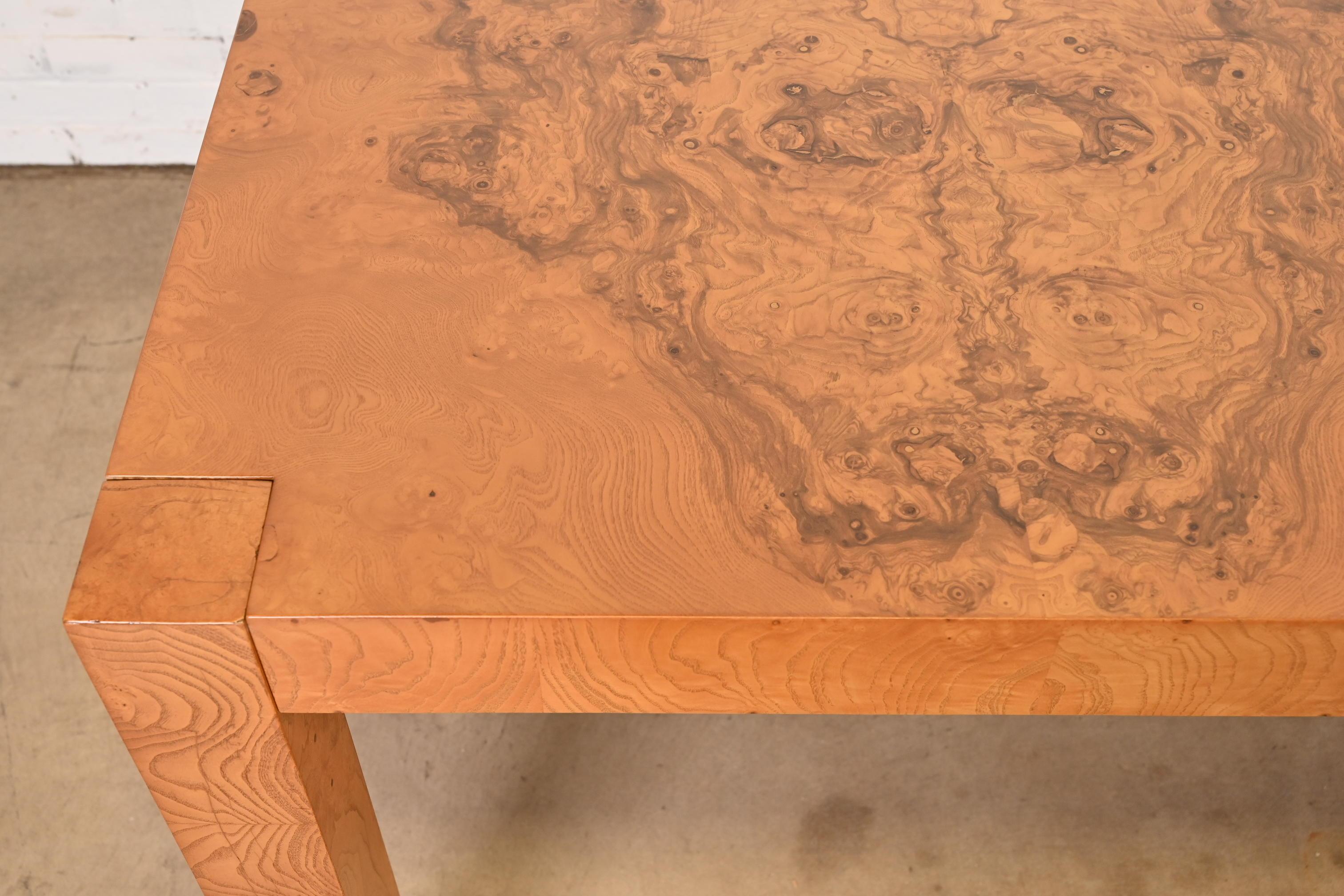 Milo Baughman Style Burl Wood Parsons Dining Table by Lane, Newly Refinished For Sale 6