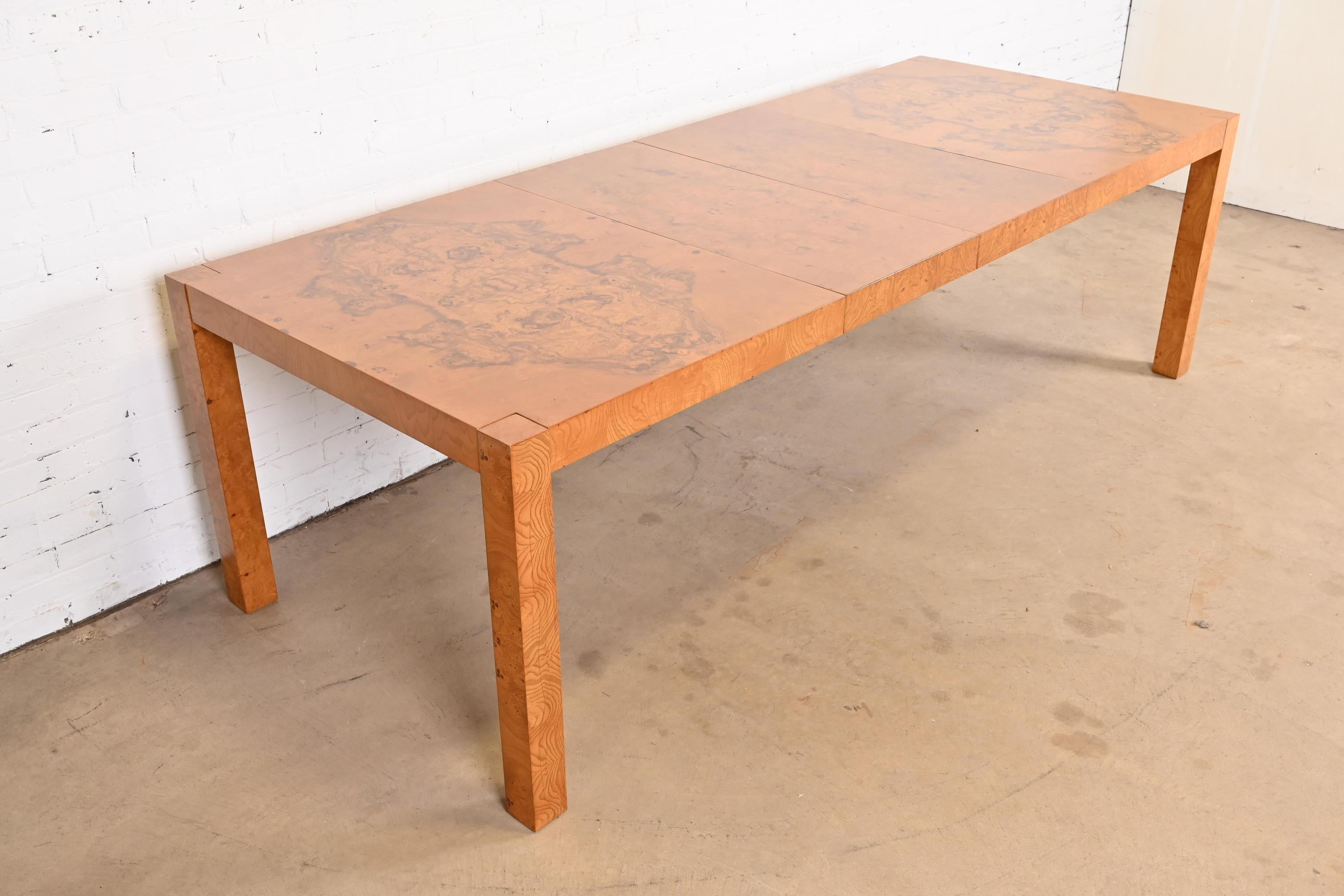 Late 20th Century Milo Baughman Style Burl Wood Parsons Dining Table by Lane, Newly Refinished For Sale