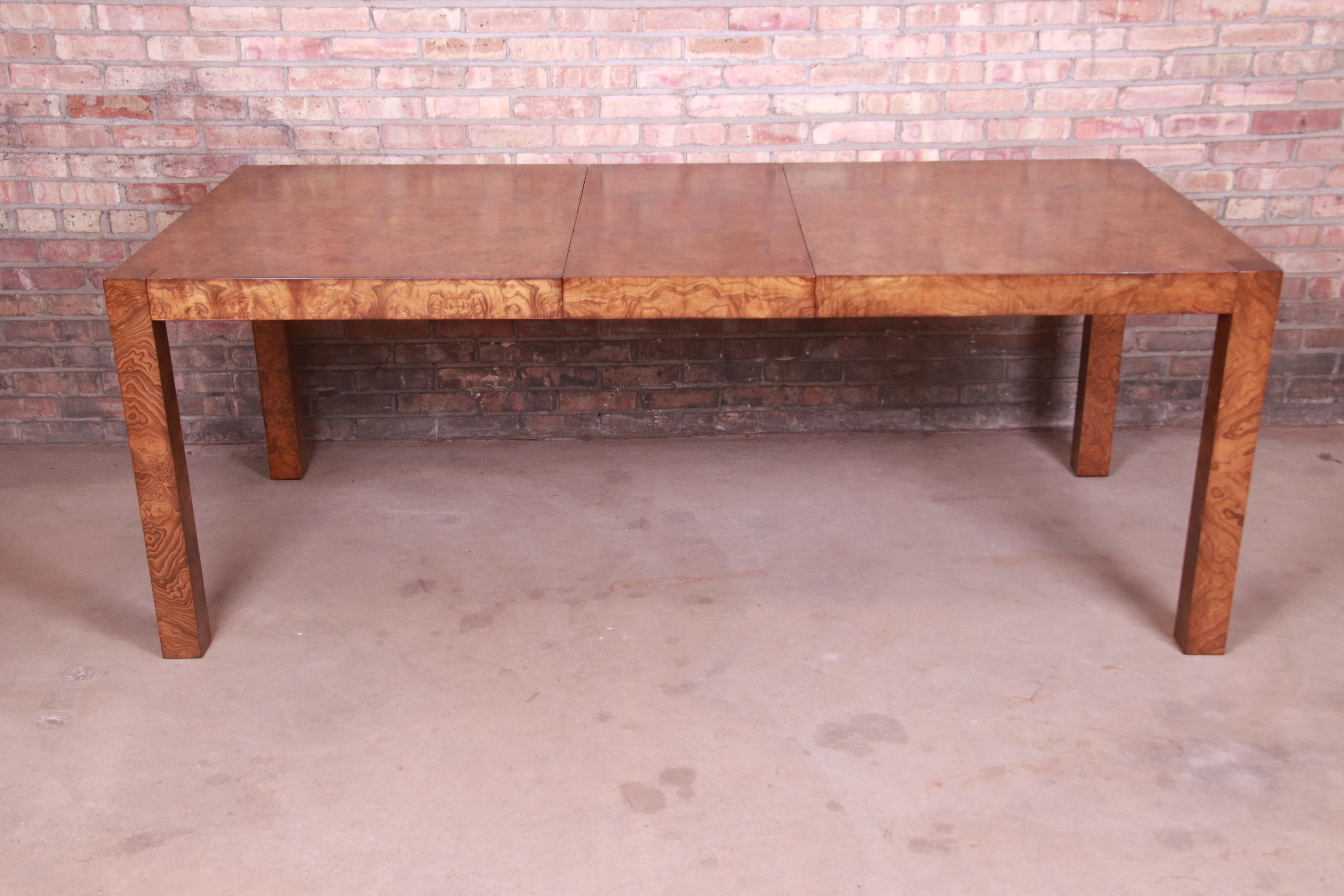 Milo Baughman Style Burl Wood Parsons Extension Dining Table by Lane, Refinished 6