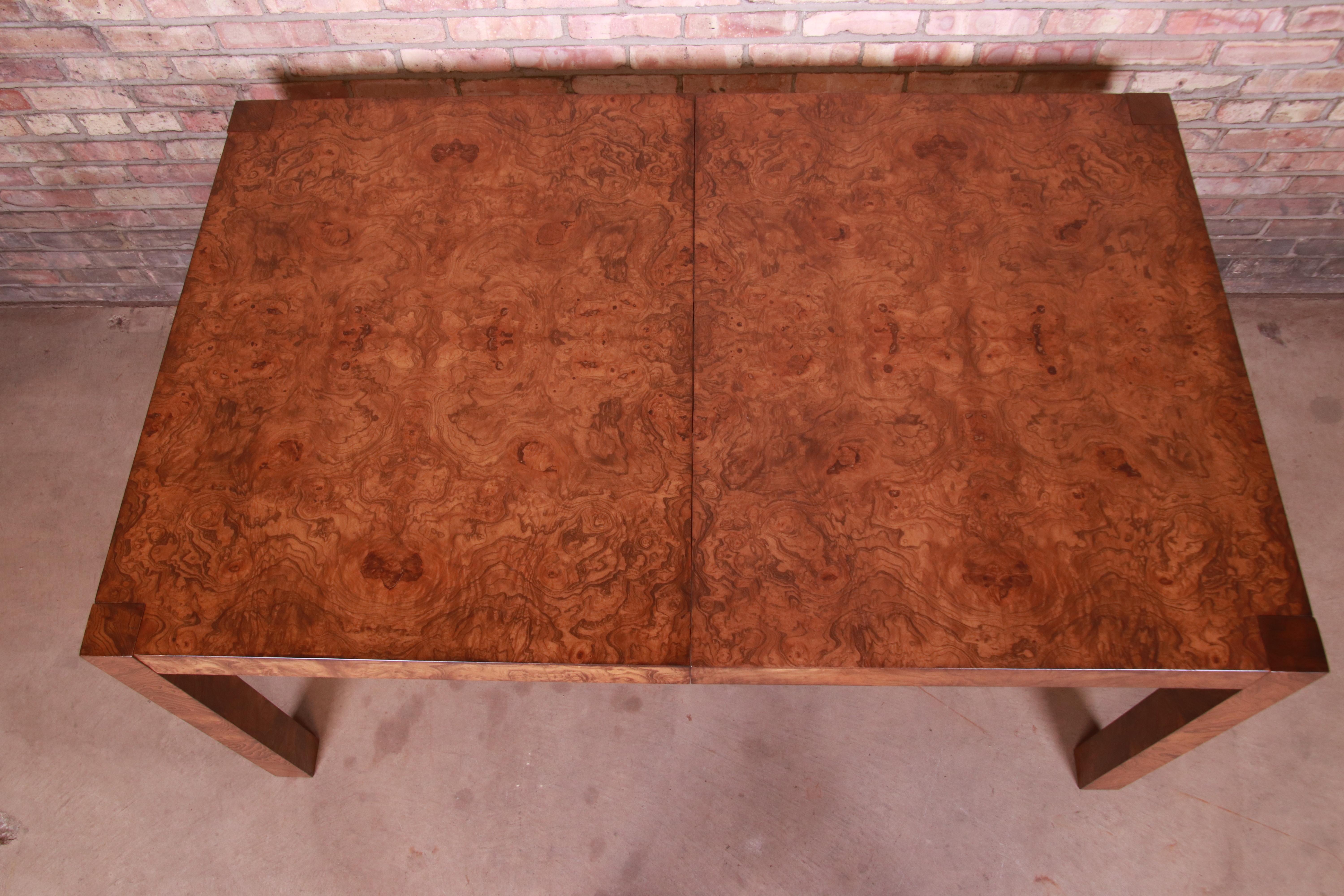 Late 20th Century Milo Baughman Style Burl Wood Parsons Extension Dining Table by Lane, Refinished