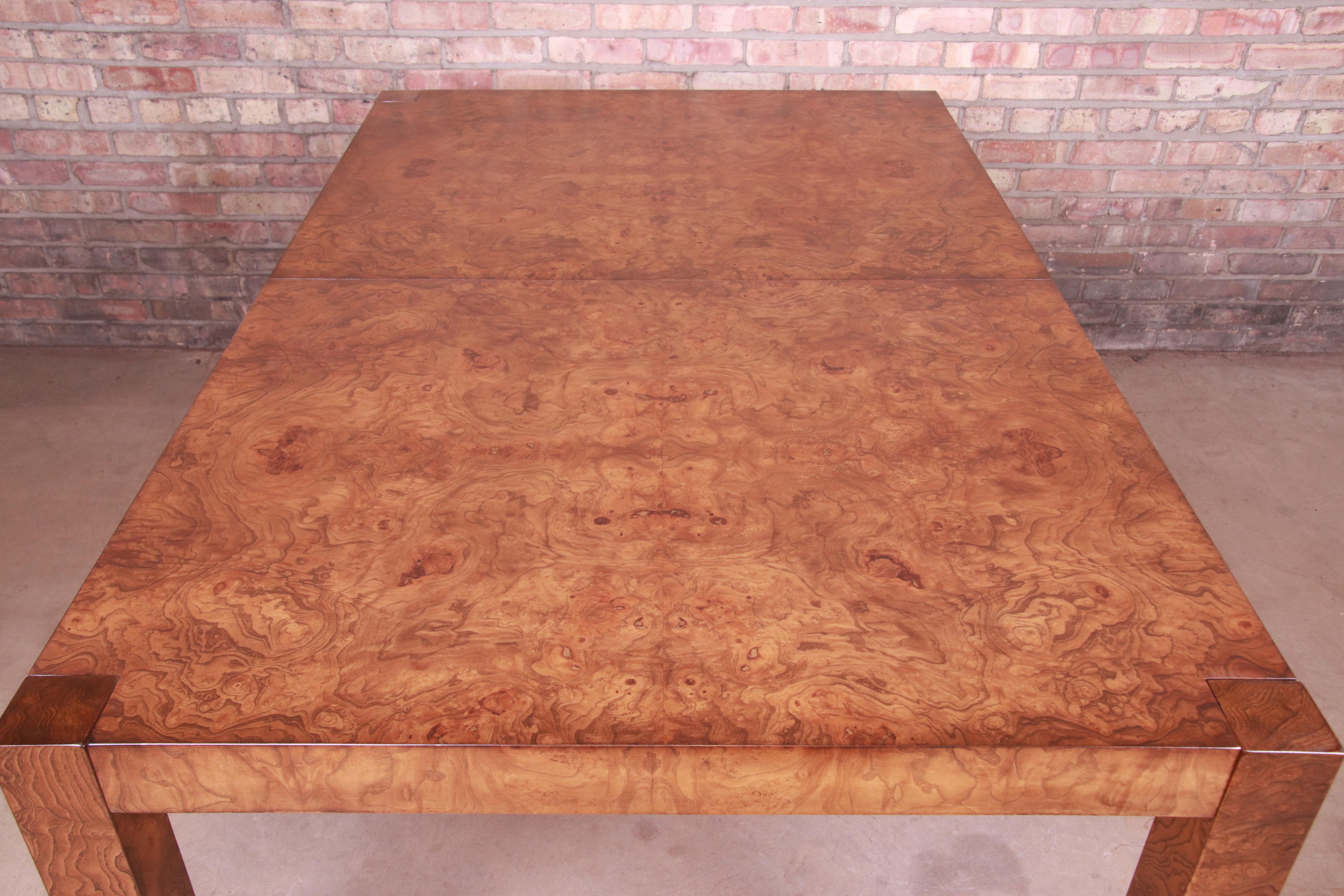 Milo Baughman Style Burl Wood Parsons Extension Dining Table by Lane, Refinished 3