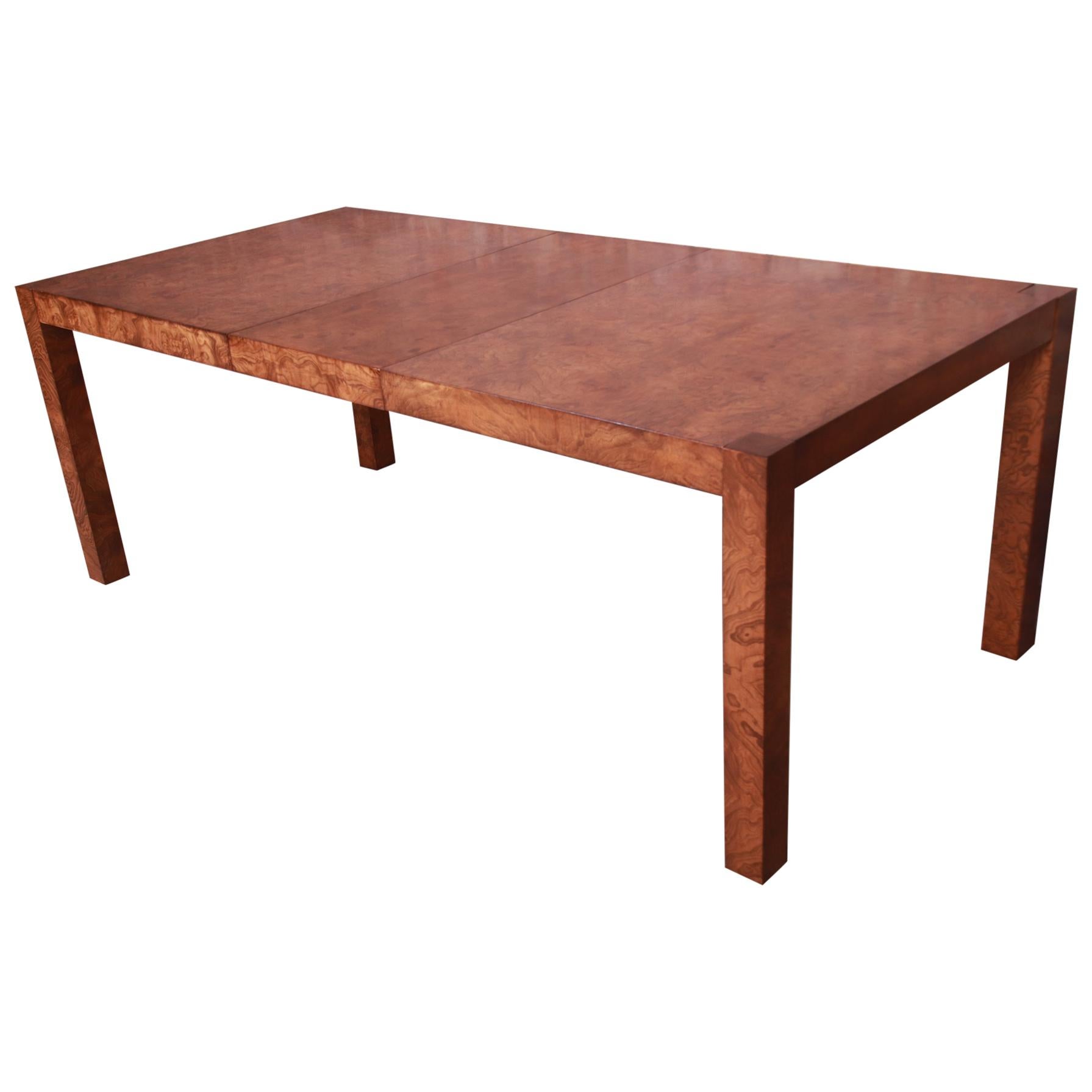 Milo Baughman Style Burl Wood Parsons Extension Dining Table by Lane, Refinished