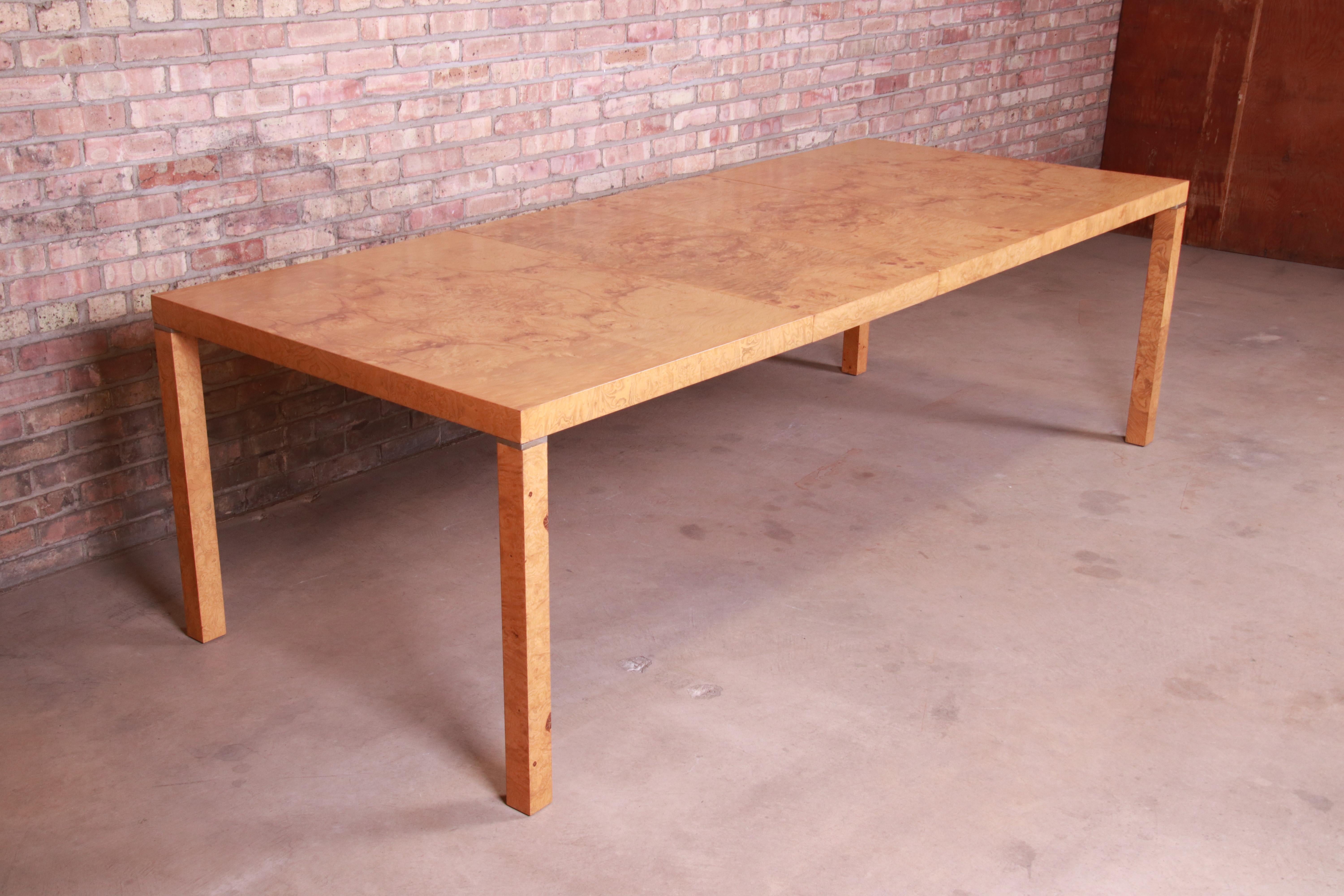 American Milo Baughman Style Burl Wood Parsons Extension Dining Table by Lane, Restored