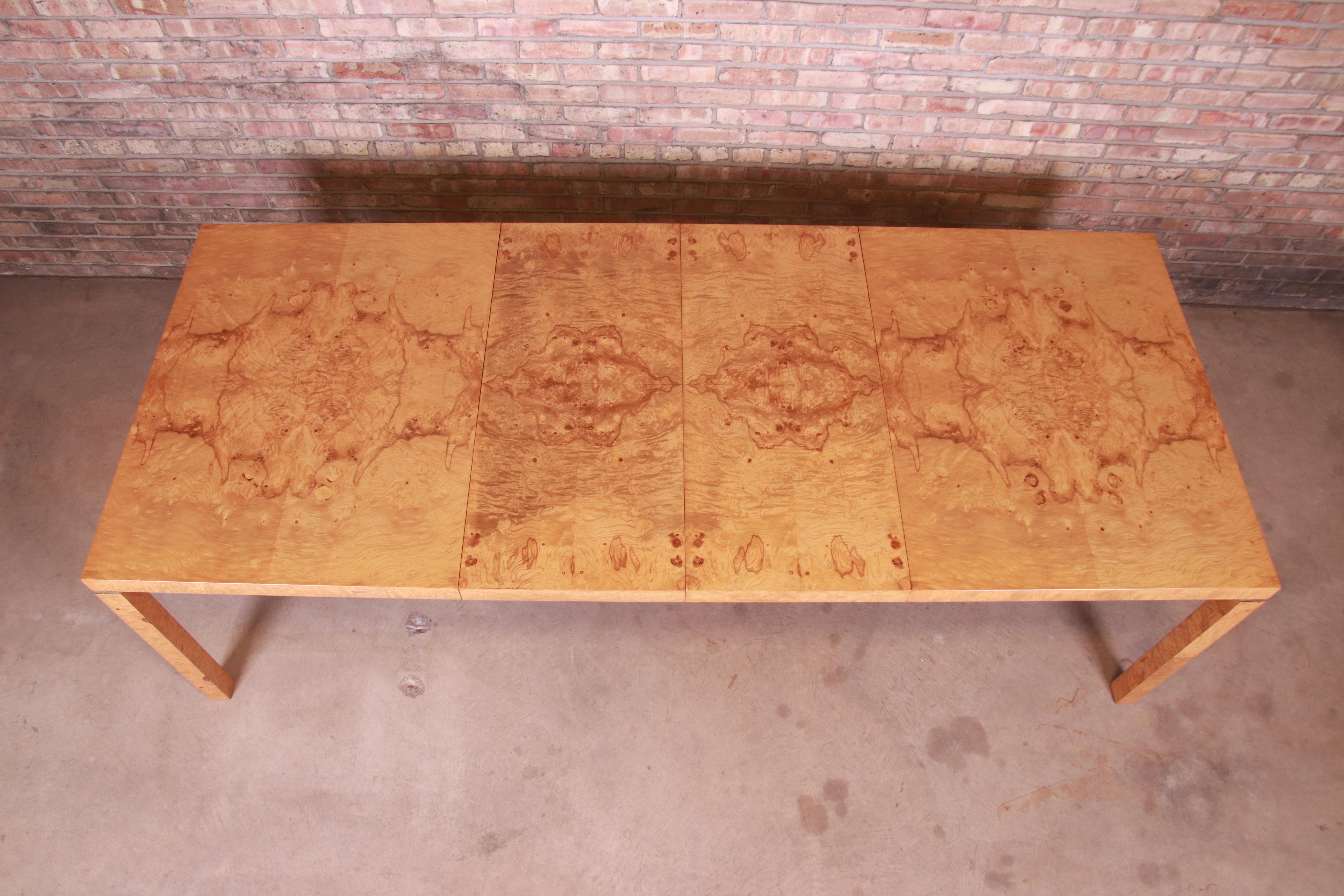Late 20th Century Milo Baughman Style Burl Wood Parsons Extension Dining Table by Lane, Restored