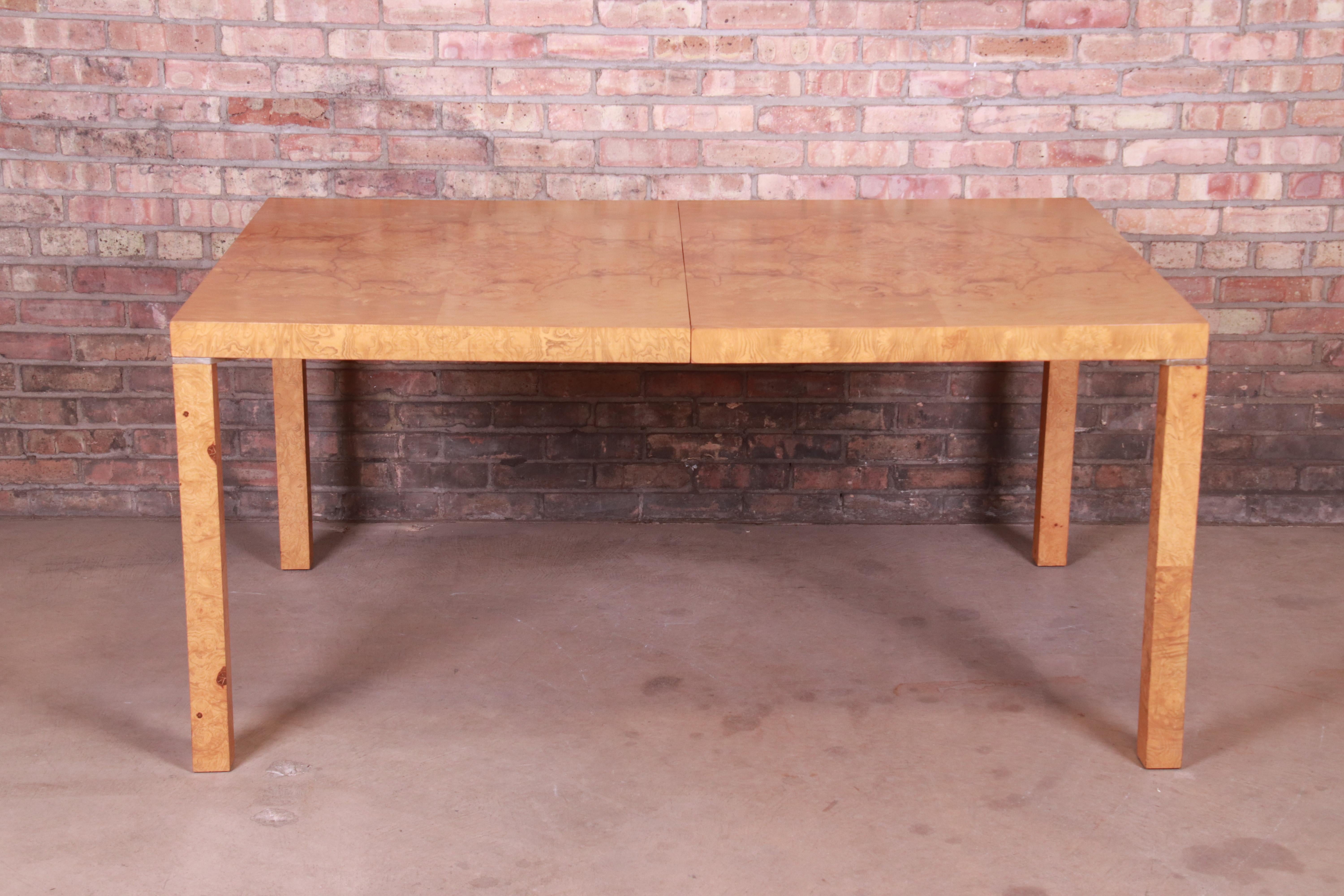 Milo Baughman Style Burl Wood Parsons Extension Dining Table by Lane, Restored 2