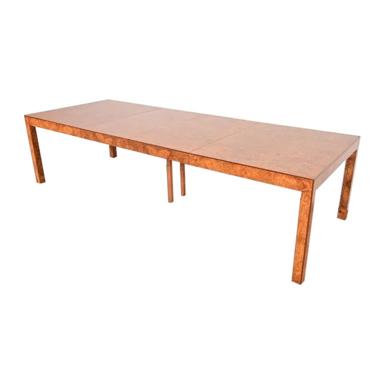 Milo Baughman Style Burl Wood Parsons Extension Dining Table, Newly Refinished