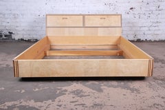 Milo Baughman Style Burl Wood Queen Size Platform Bed by Henredon