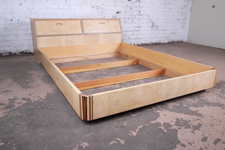 Milo Baughman Style Burl Wood Queen Size Platform Bed by Henredon at