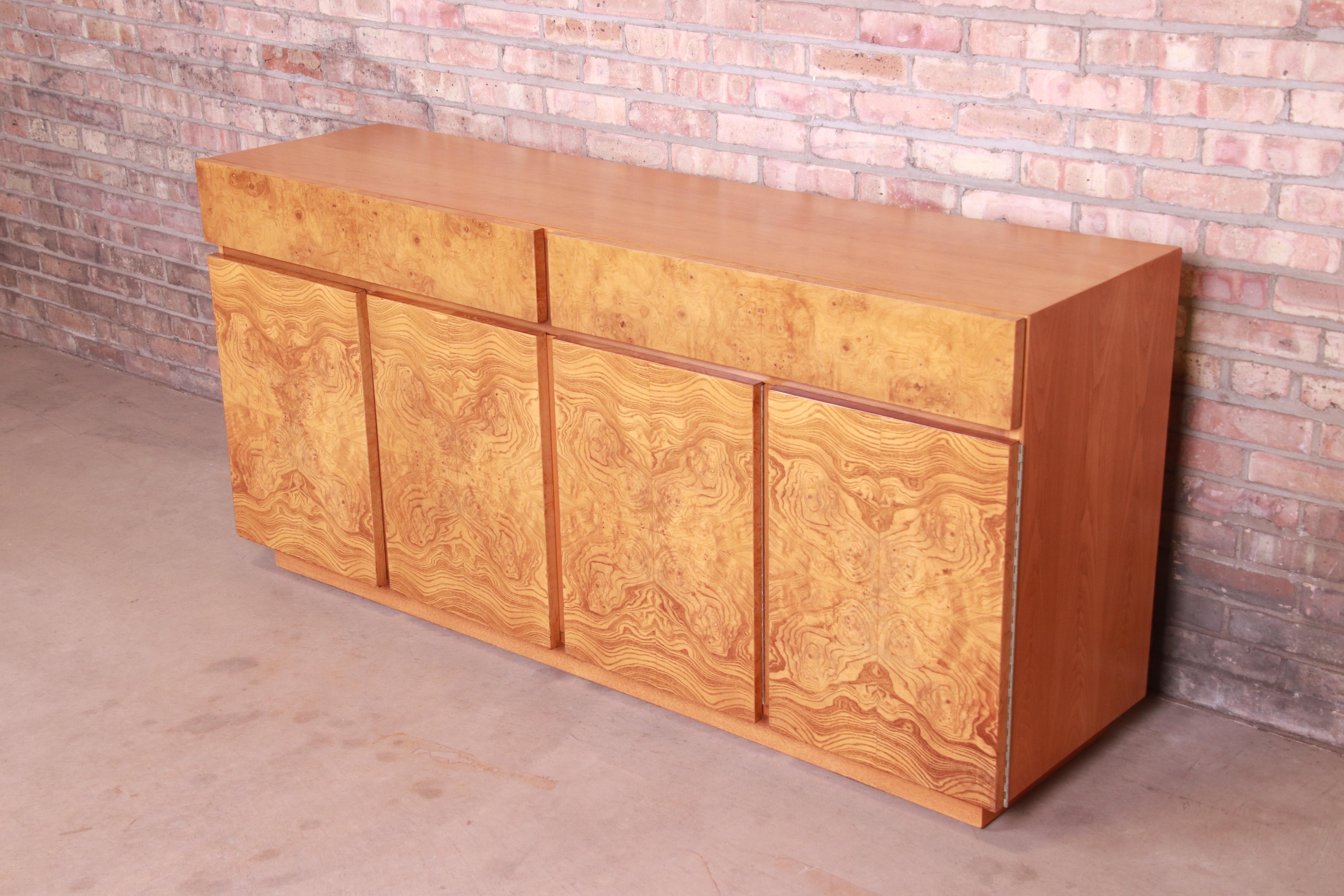 Mid-Century Modern Milo Baughman Style Burl Wood Sideboard Credenza by Lane, Newly Refinished